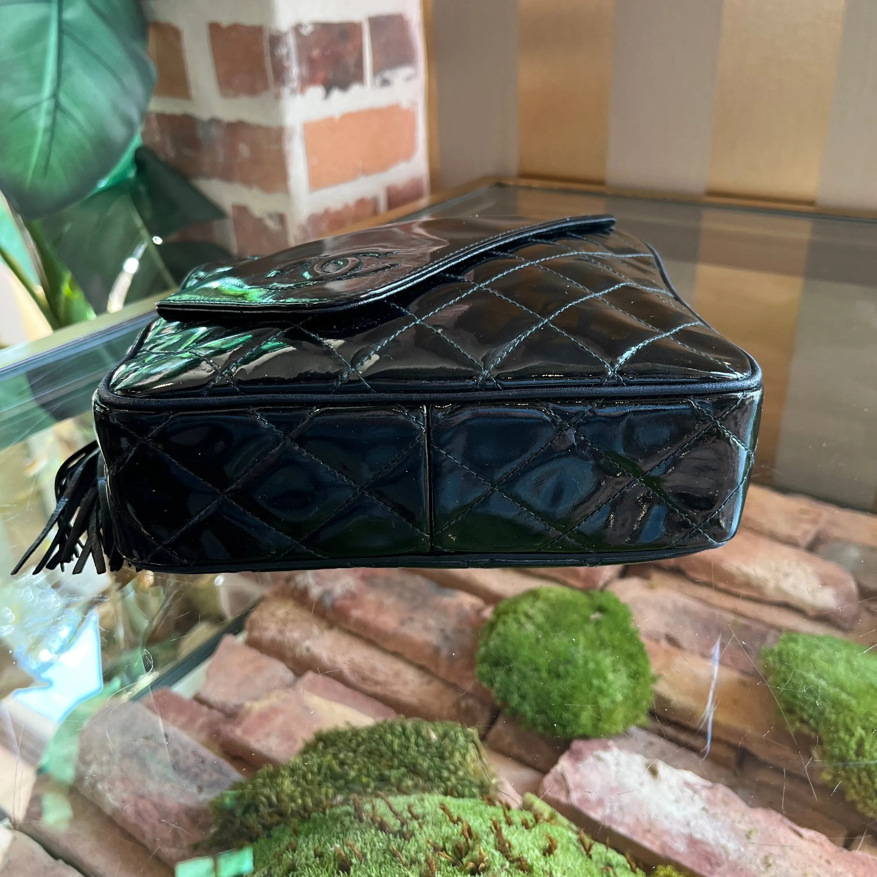 CHANEL Black Patent Leather Vintage Camera Bag