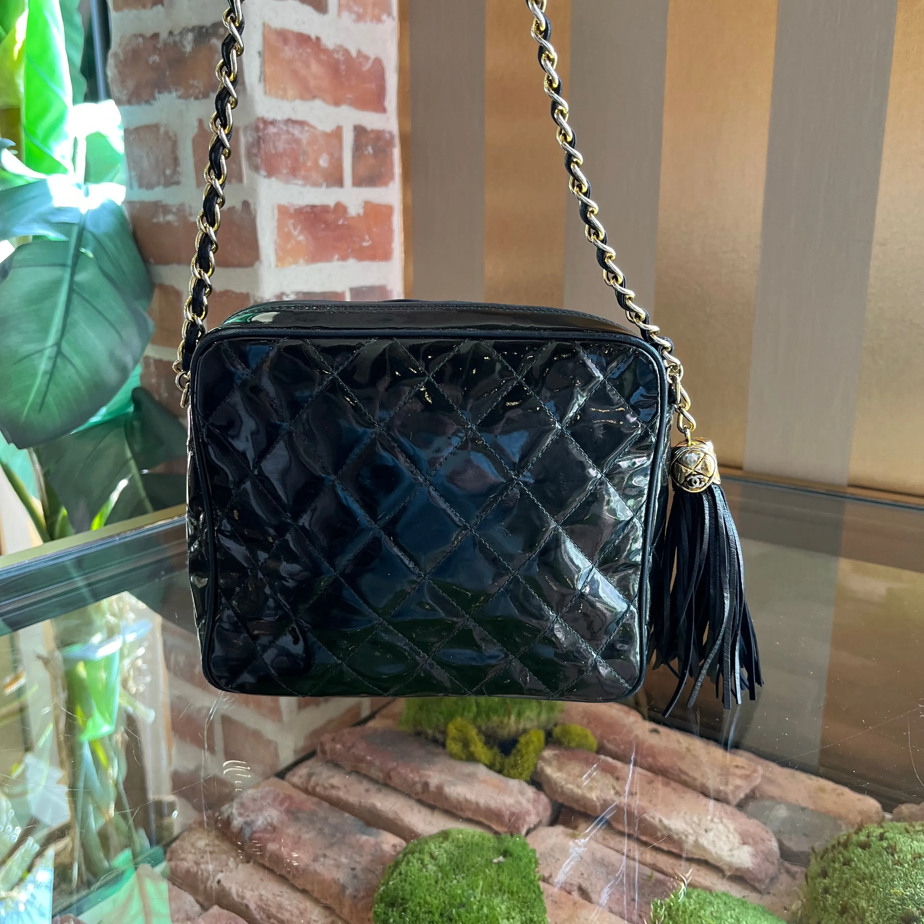 CHANEL Black Patent Leather Vintage Camera Bag