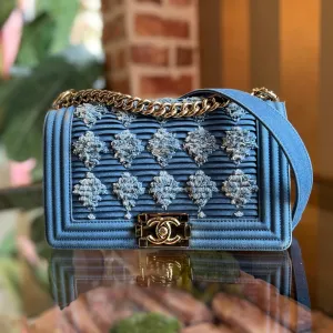 CHANEL Boy Flap Medium Light Blue Denim Pleated Shoulder Bag
