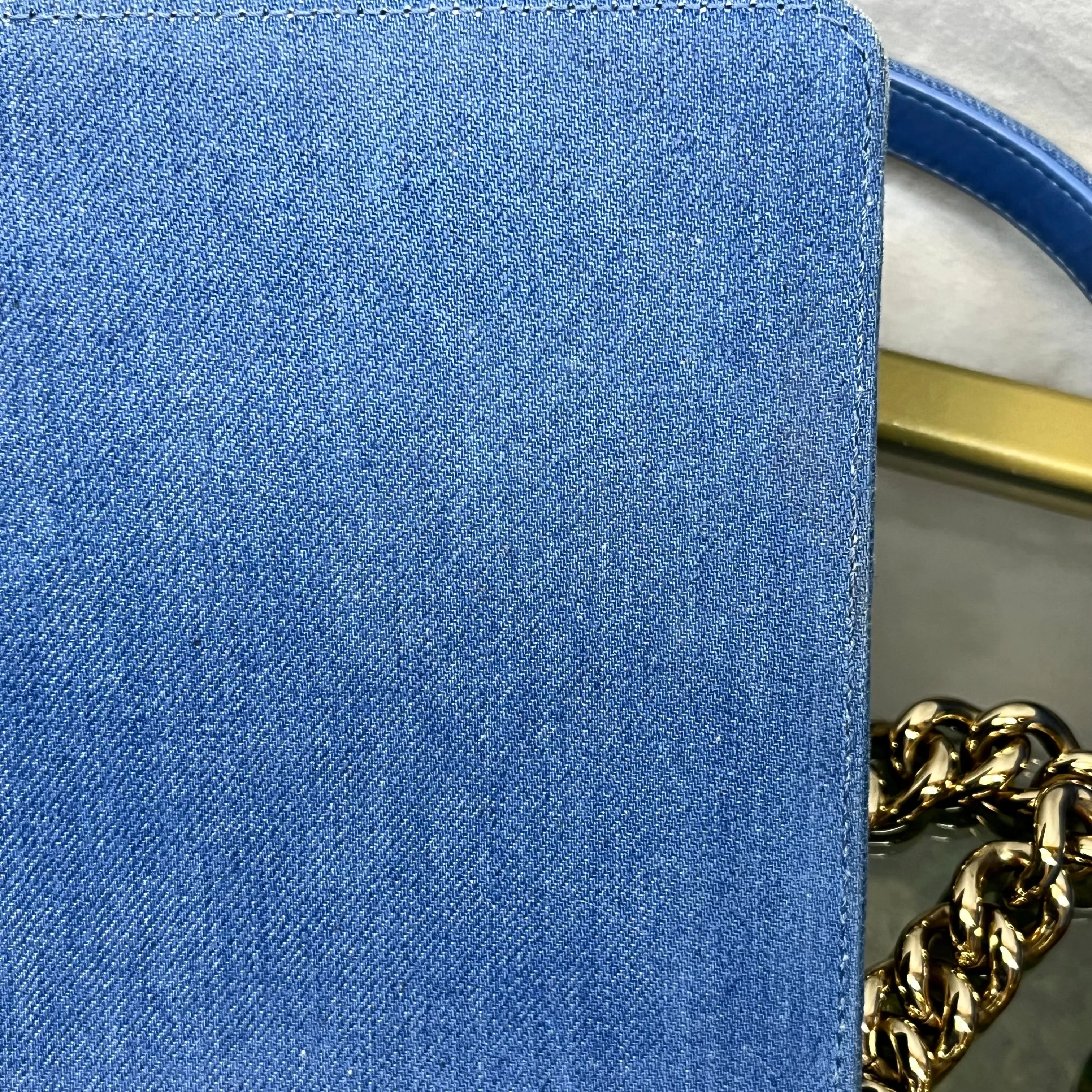 CHANEL Boy Flap Medium Light Blue Denim Pleated Shoulder Bag