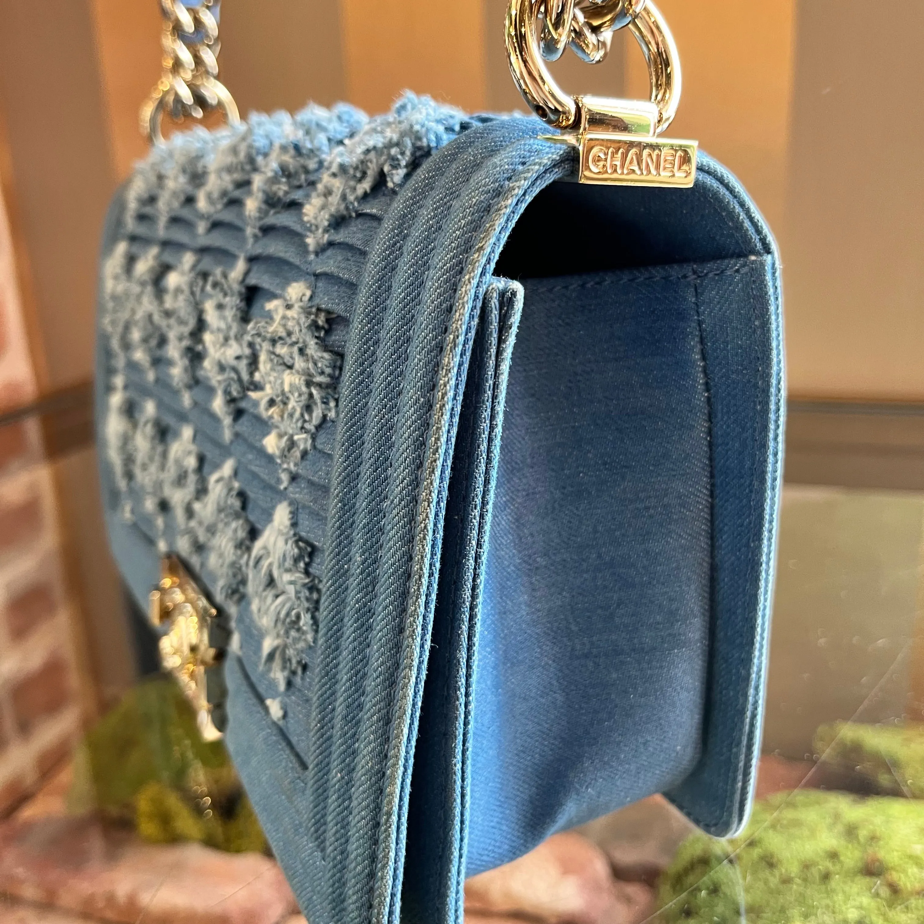 CHANEL Boy Flap Medium Light Blue Denim Pleated Shoulder Bag