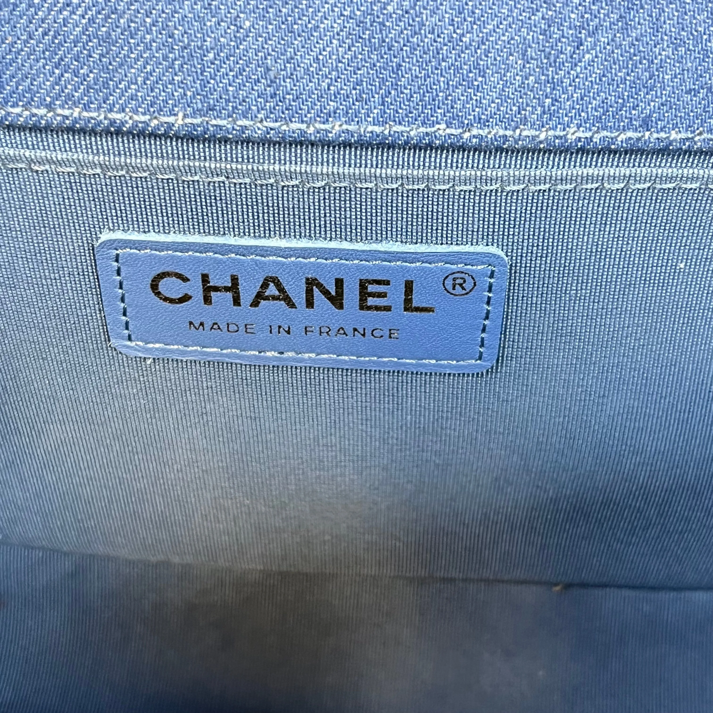 CHANEL Boy Flap Medium Light Blue Denim Pleated Shoulder Bag