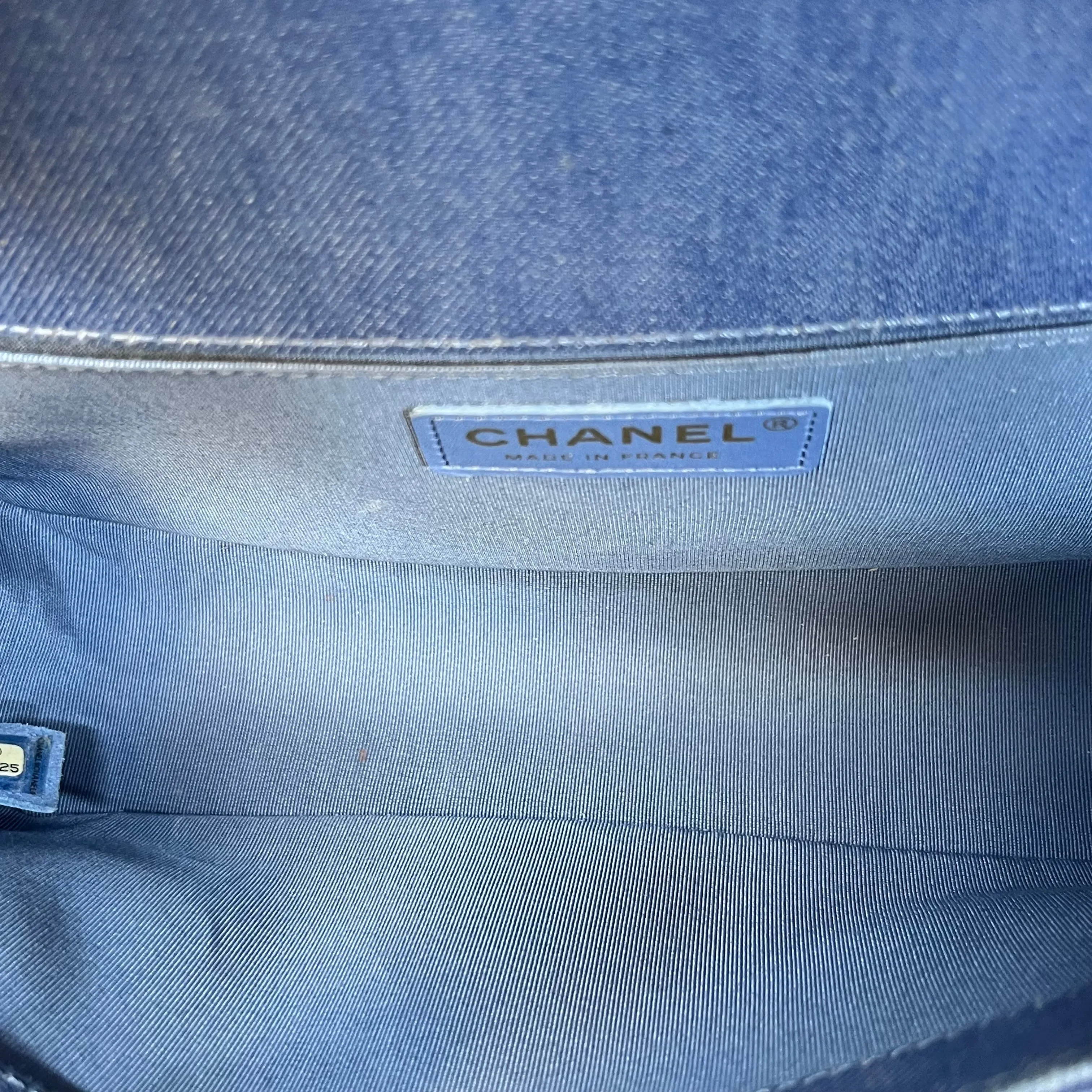 CHANEL Boy Flap Medium Light Blue Denim Pleated Shoulder Bag