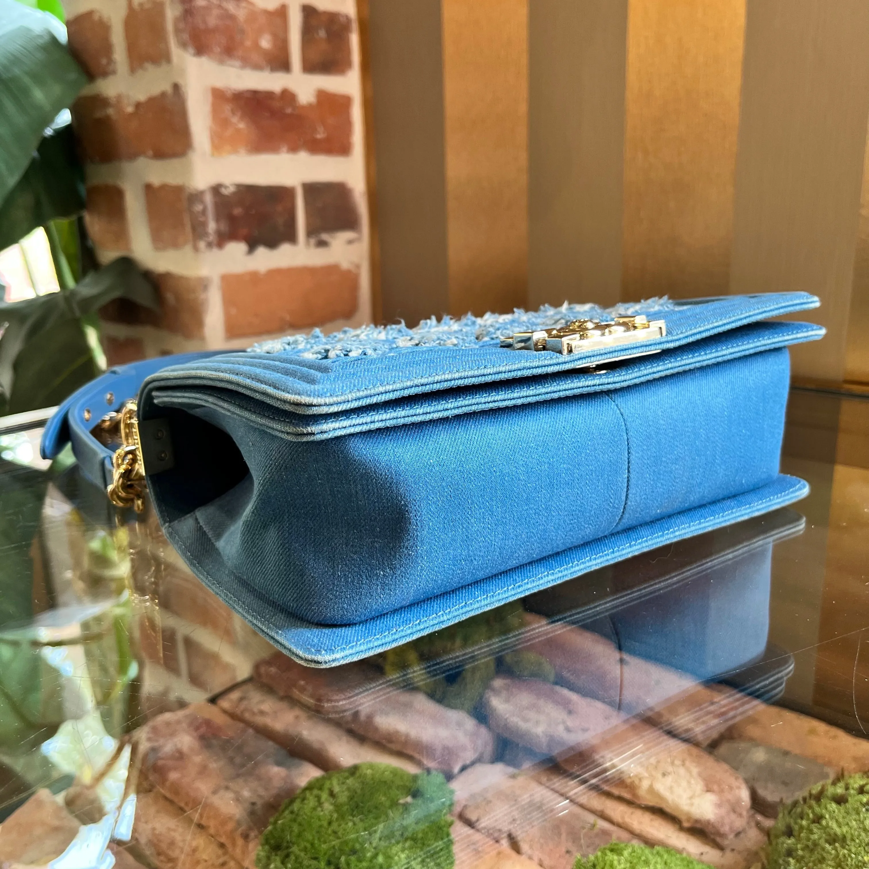 CHANEL Boy Flap Medium Light Blue Denim Pleated Shoulder Bag