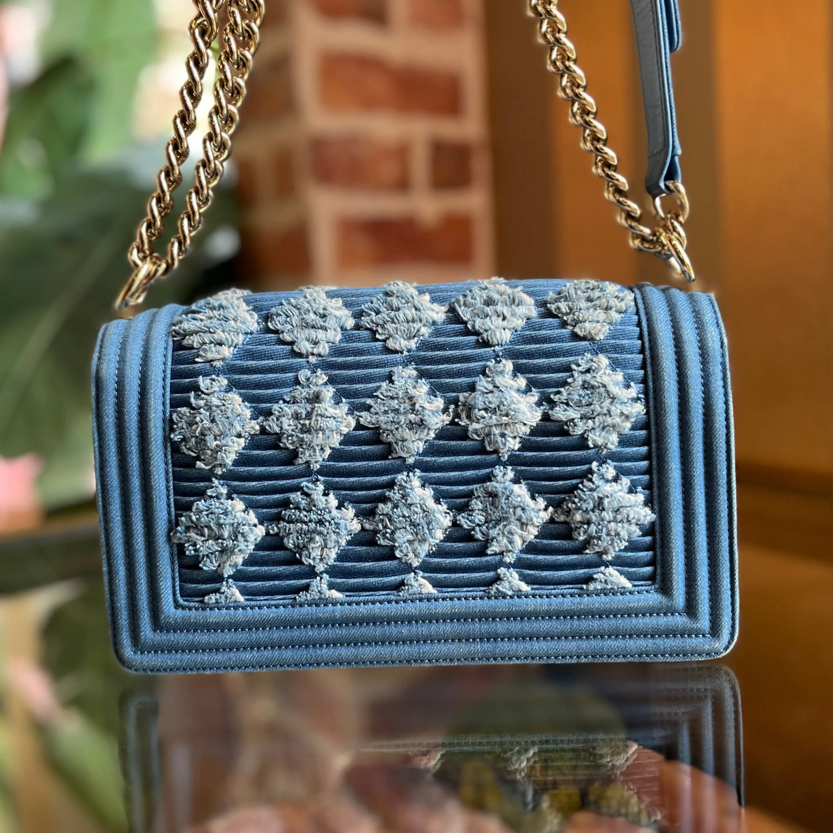 CHANEL Boy Flap Medium Light Blue Denim Pleated Shoulder Bag