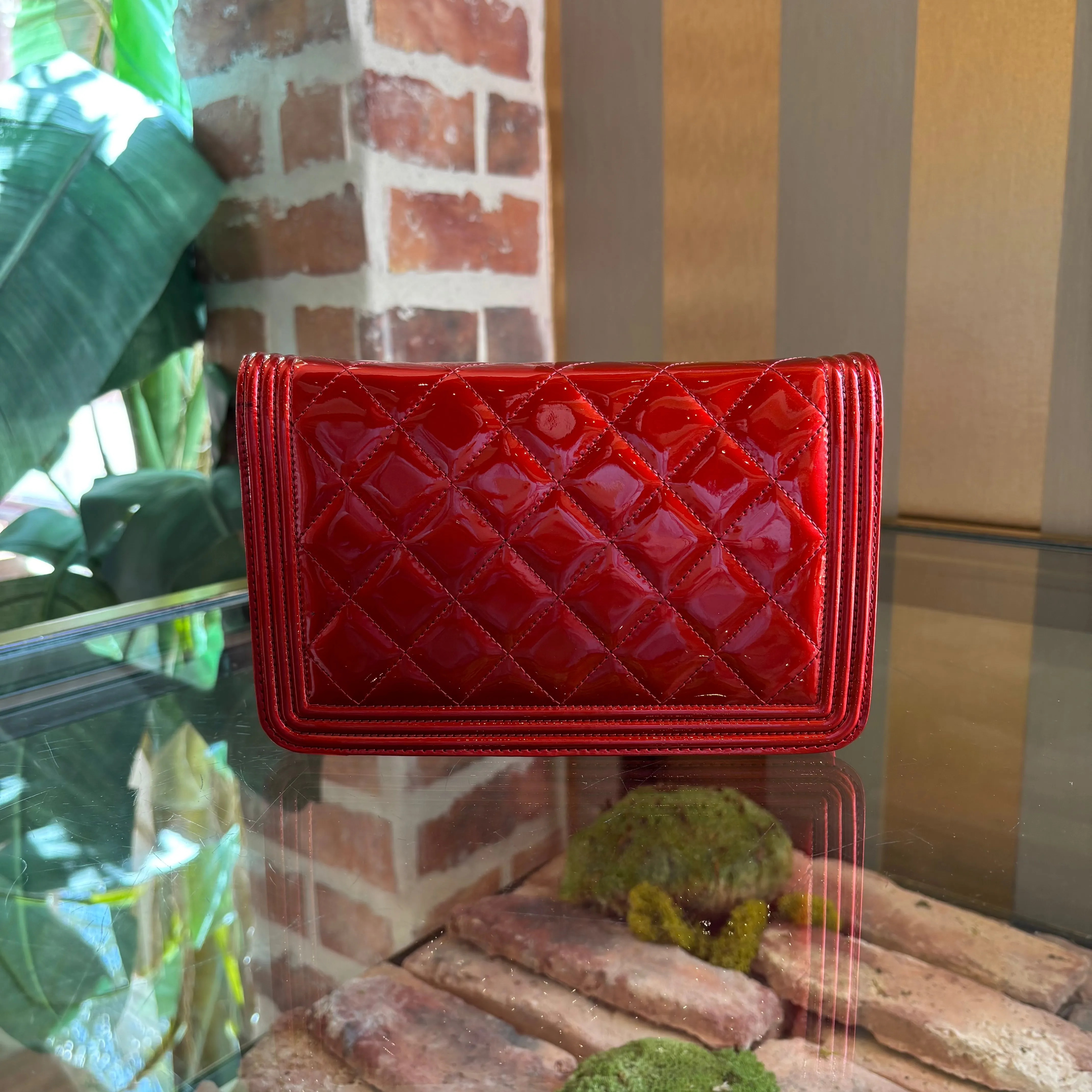 CHANEL Boy Red Patent Leather Wallet On Chain ADI1168