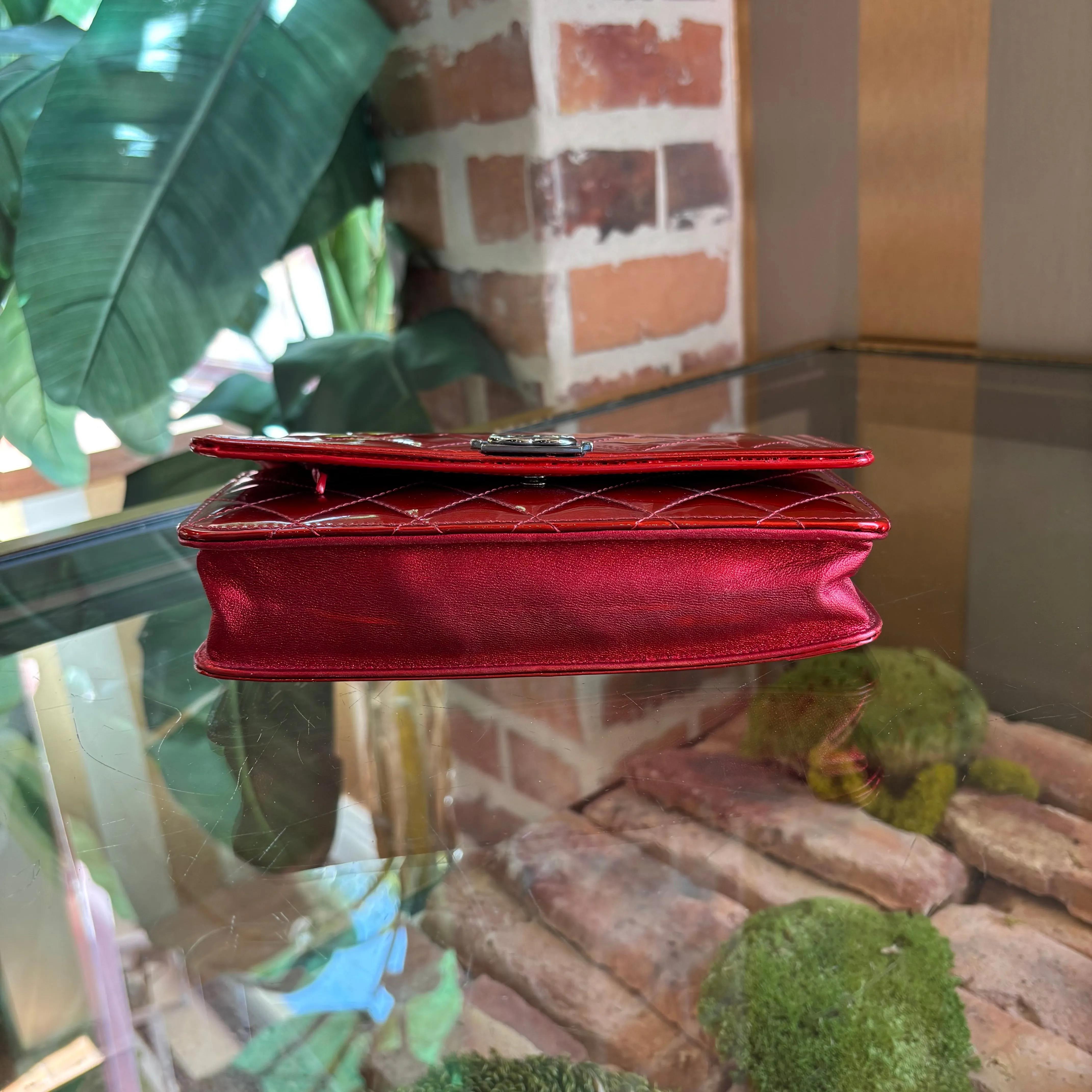 CHANEL Boy Red Patent Leather Wallet On Chain ADI1168