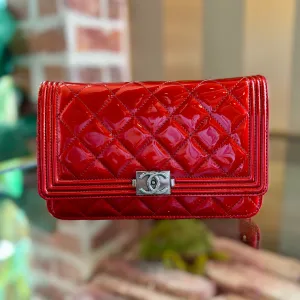 CHANEL Boy Red Patent Leather Wallet On Chain ADI1168