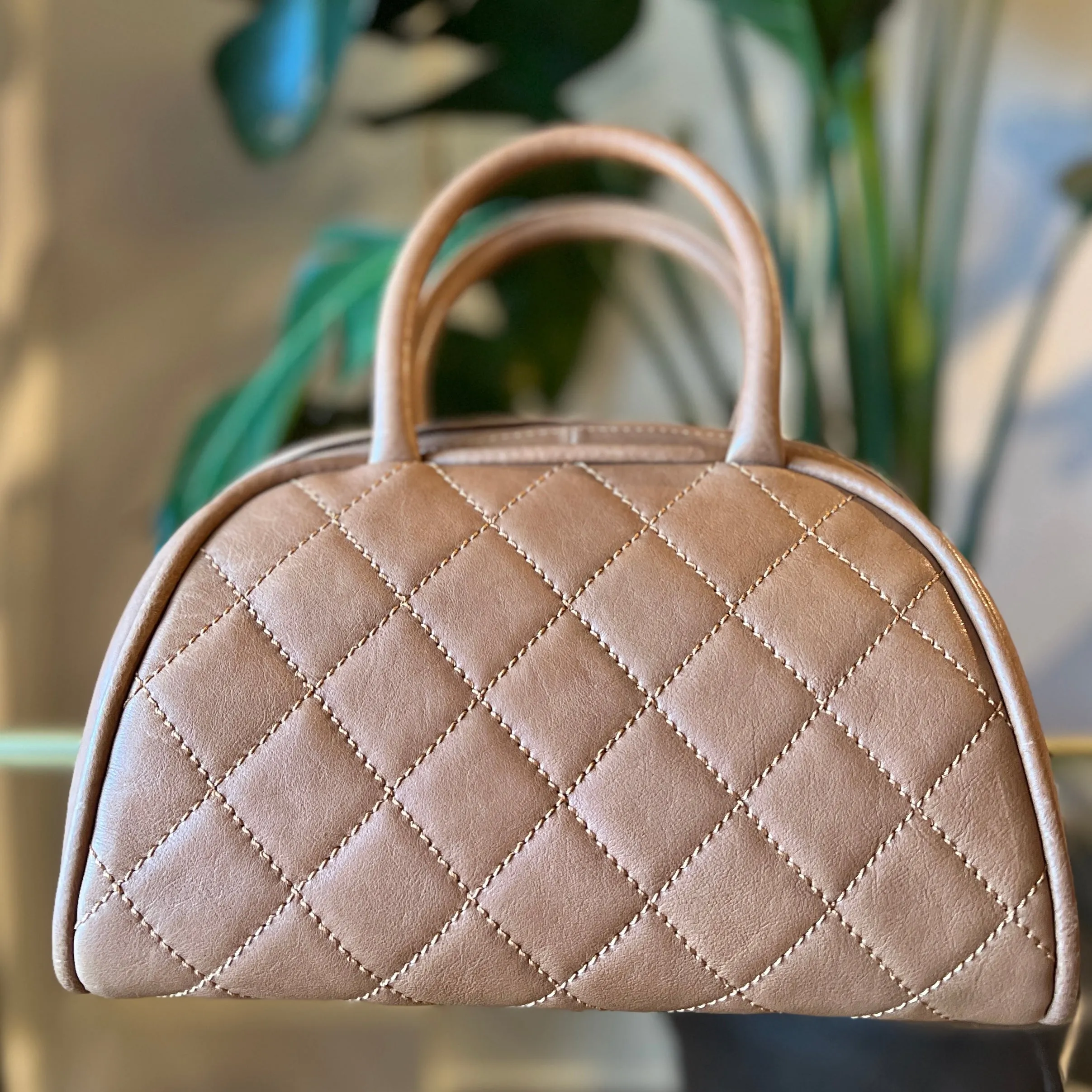 CHANEL Brown Calfskin Quilted Small Bowler Bag