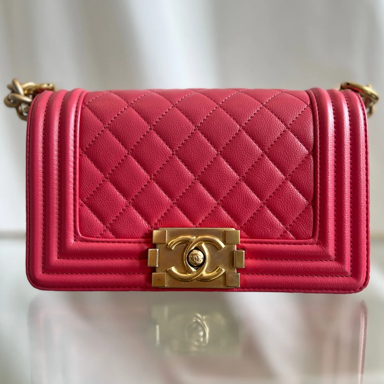 CHANEL Coral Pink Caviar Leather Small Boy Bag