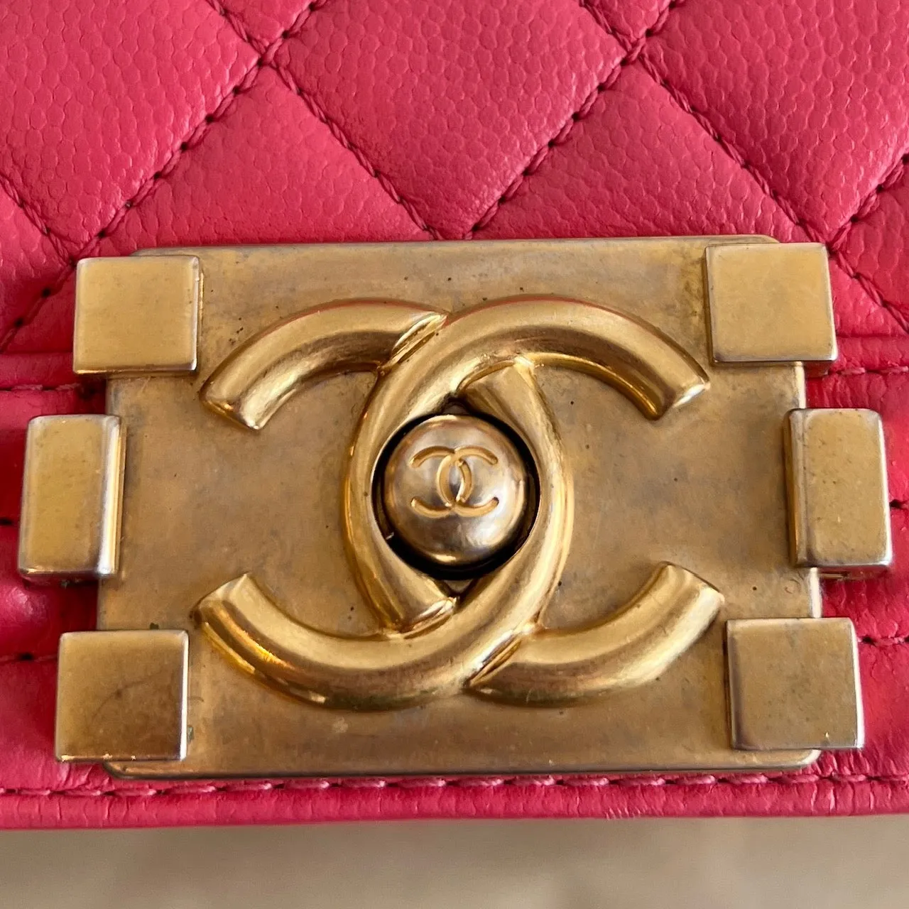 CHANEL Coral Pink Caviar Leather Small Boy Bag