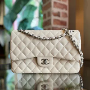 CHANEL Double Flap Jumbo Beige Lambskin Leather Shoulder Bag