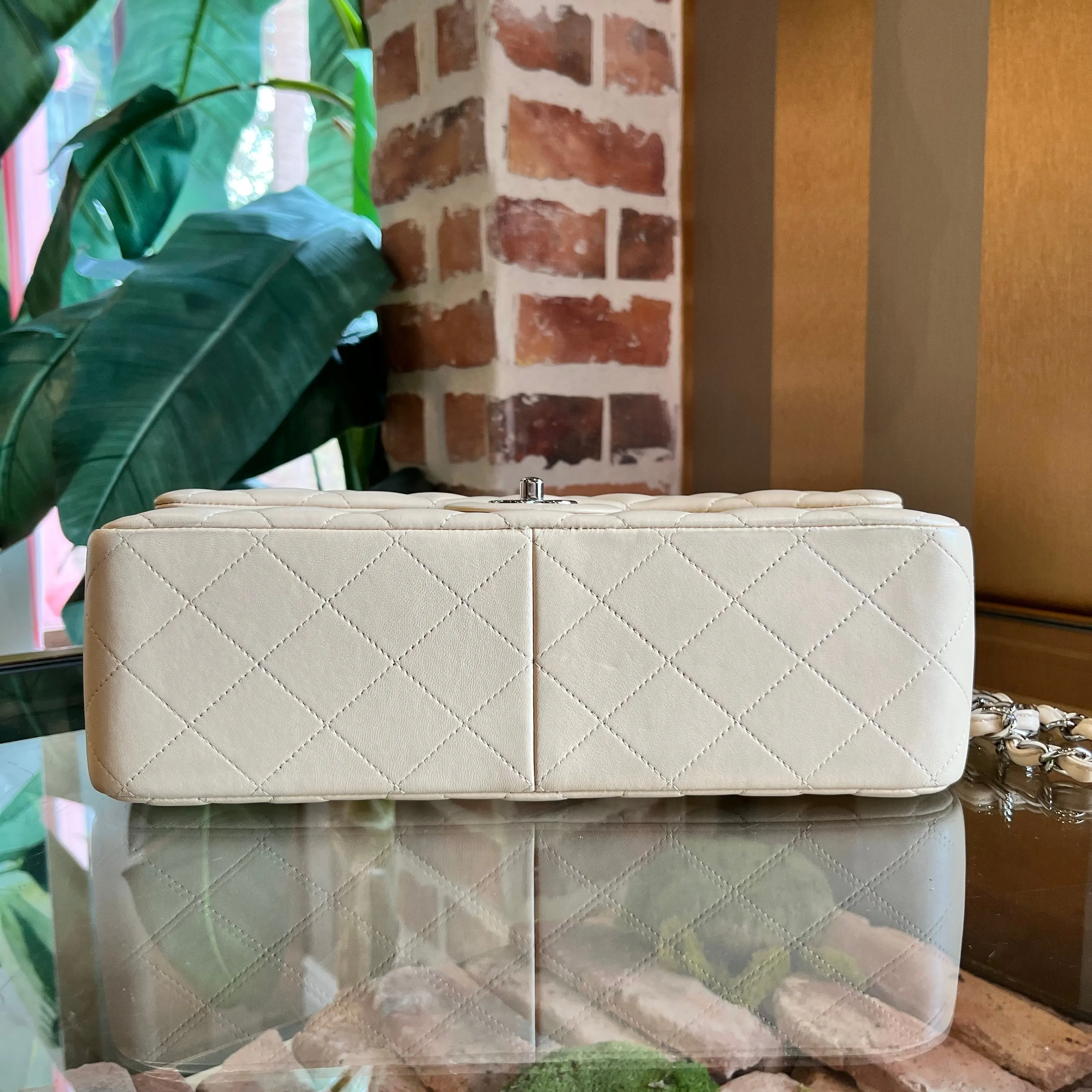 CHANEL Double Flap Jumbo Beige Lambskin Leather Shoulder Bag