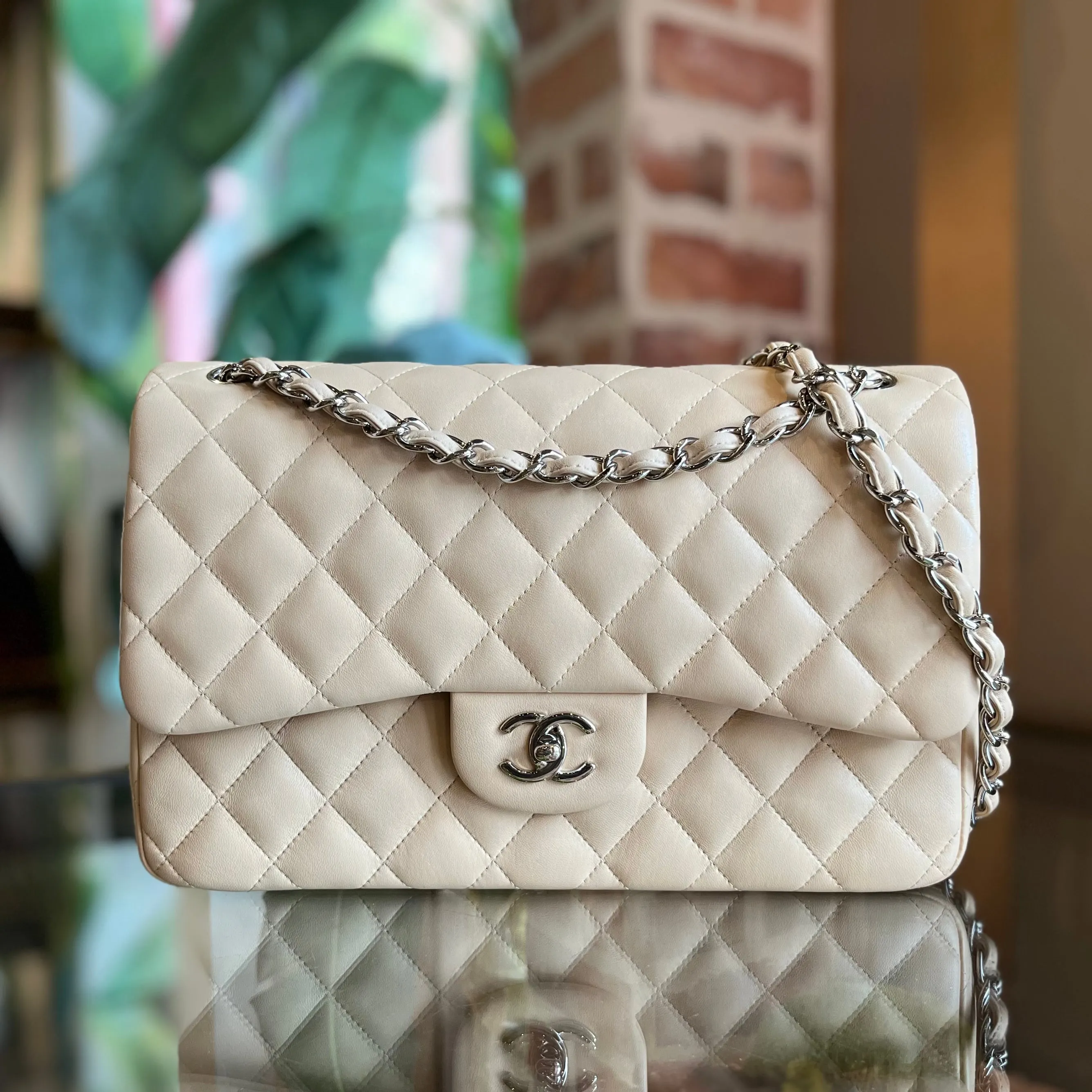 CHANEL Double Flap Jumbo Beige Lambskin Leather Shoulder Bag