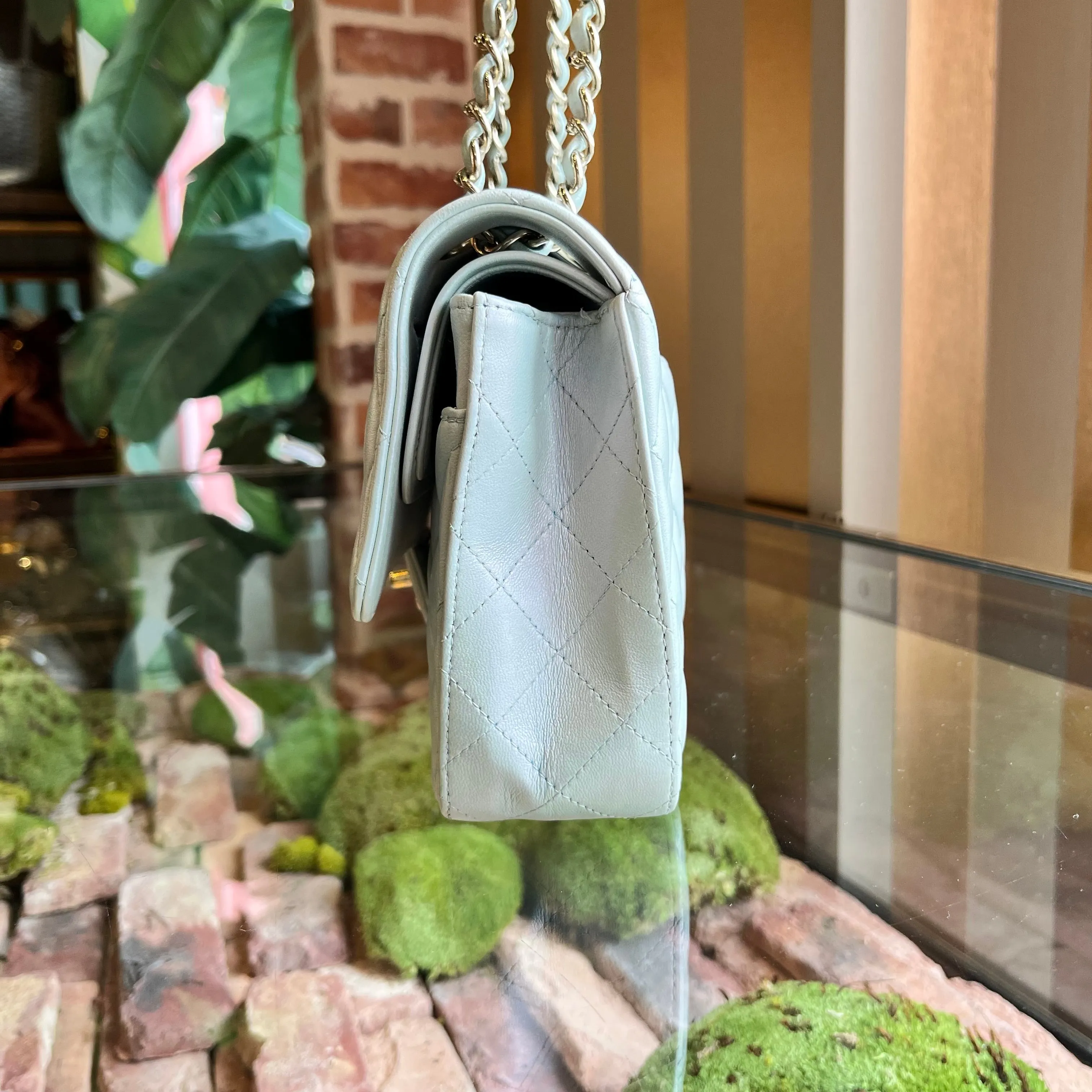 CHANEL Double Flap Medium Light Blue Iridescent Lambskin Leather Shoulder Bag