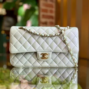 CHANEL Double Flap Medium Light Blue Iridescent Lambskin Leather Shoulder Bag