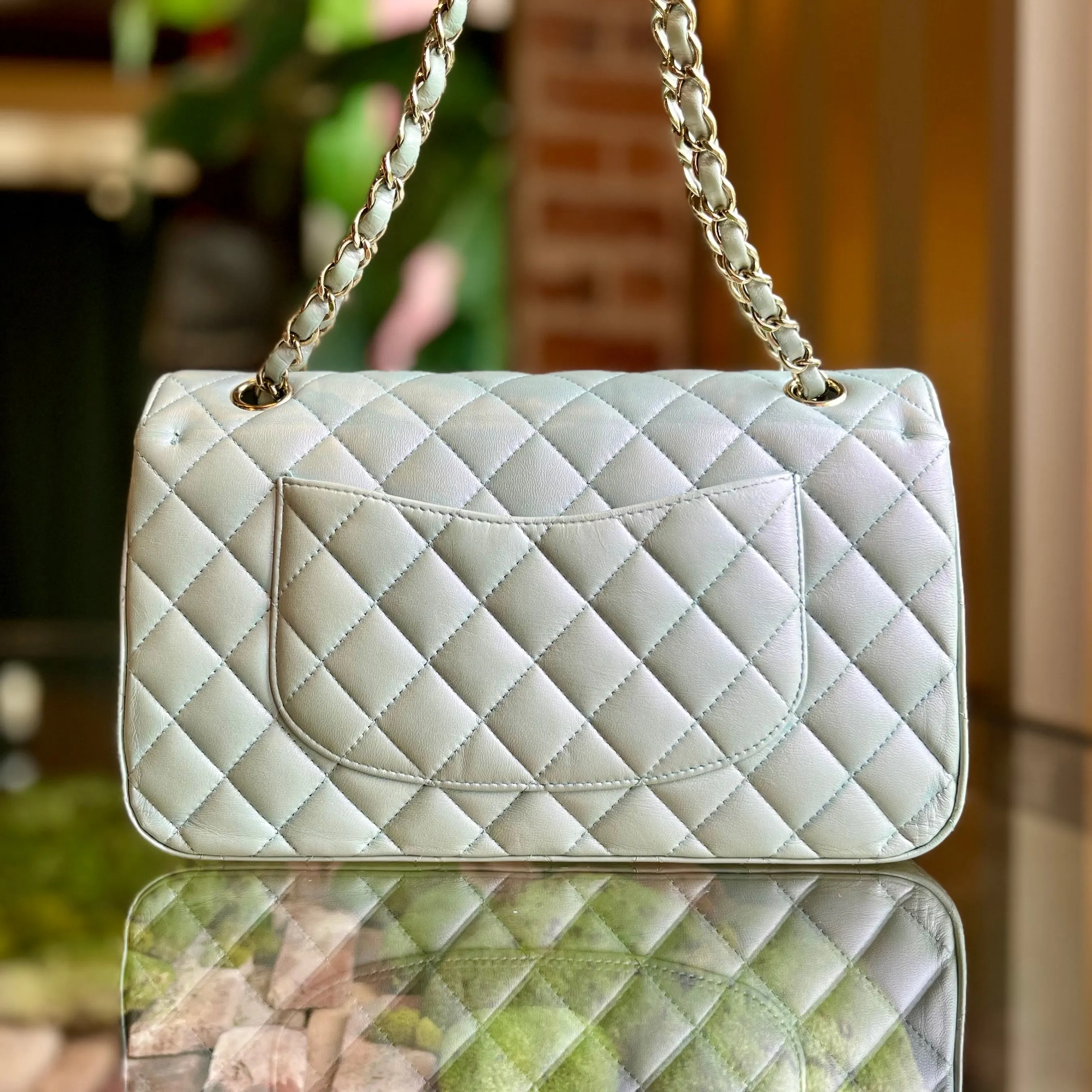 CHANEL Double Flap Medium Light Blue Iridescent Lambskin Leather Shoulder Bag