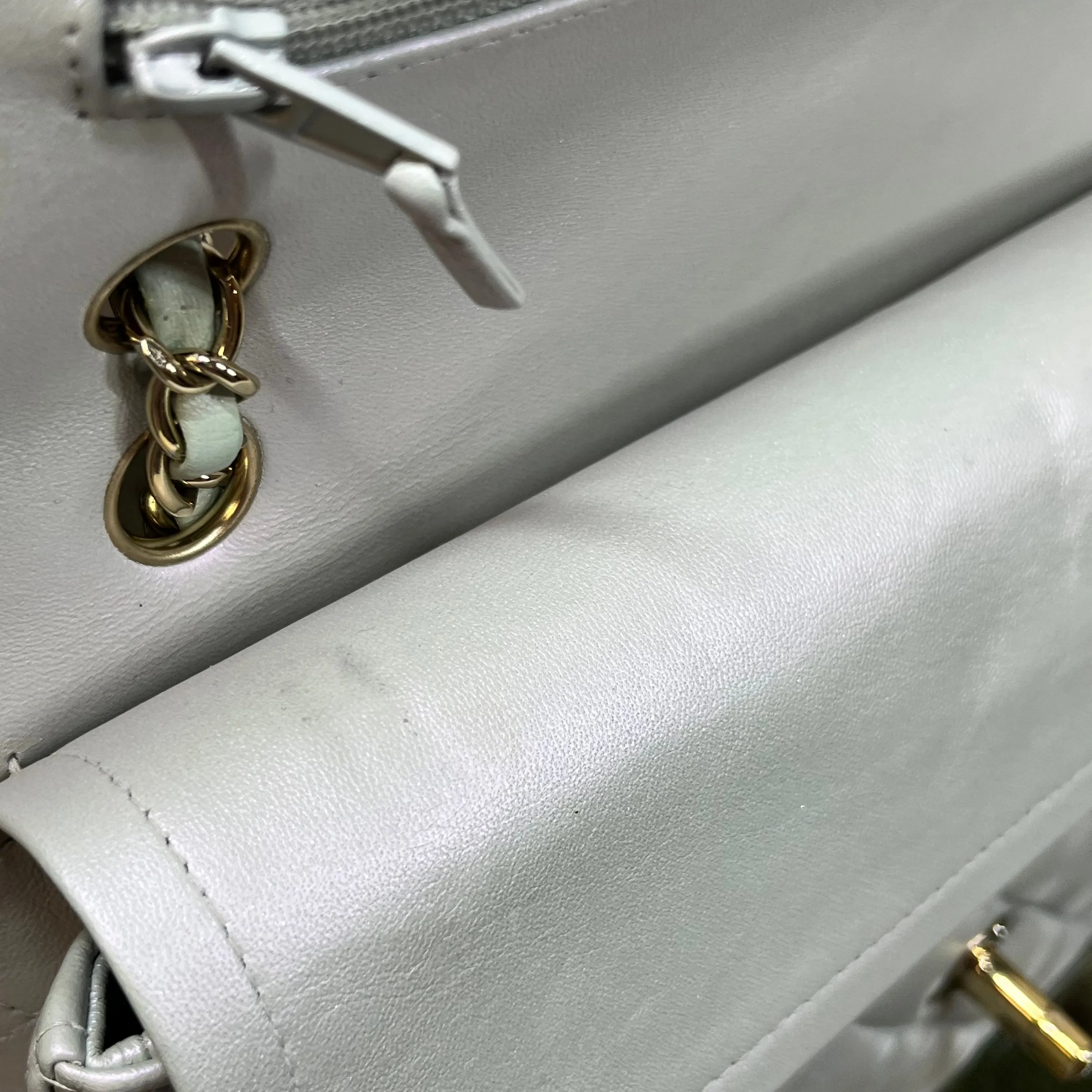 CHANEL Double Flap Medium Light Blue Iridescent Lambskin Leather Shoulder Bag