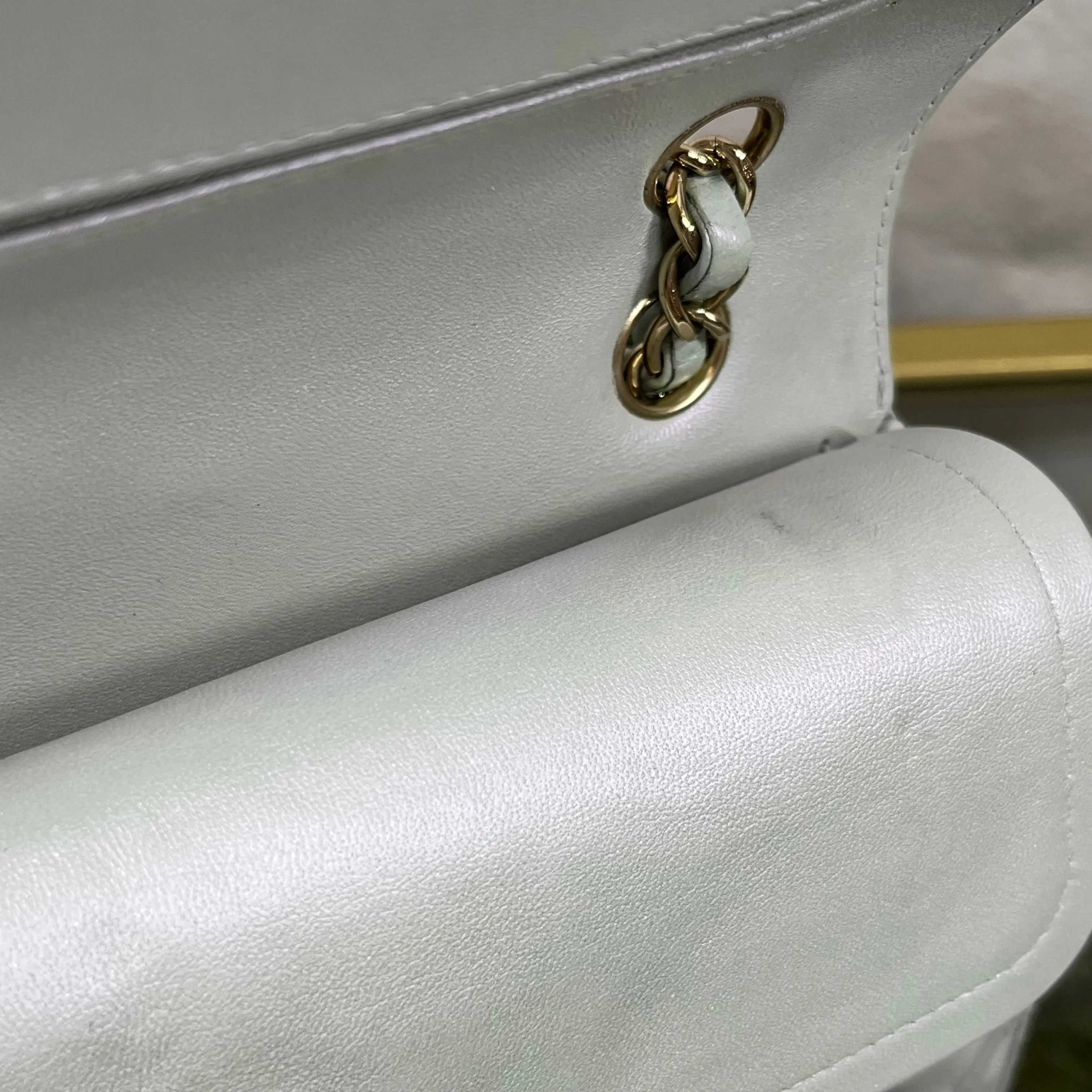 CHANEL Double Flap Medium Light Blue Iridescent Lambskin Leather Shoulder Bag