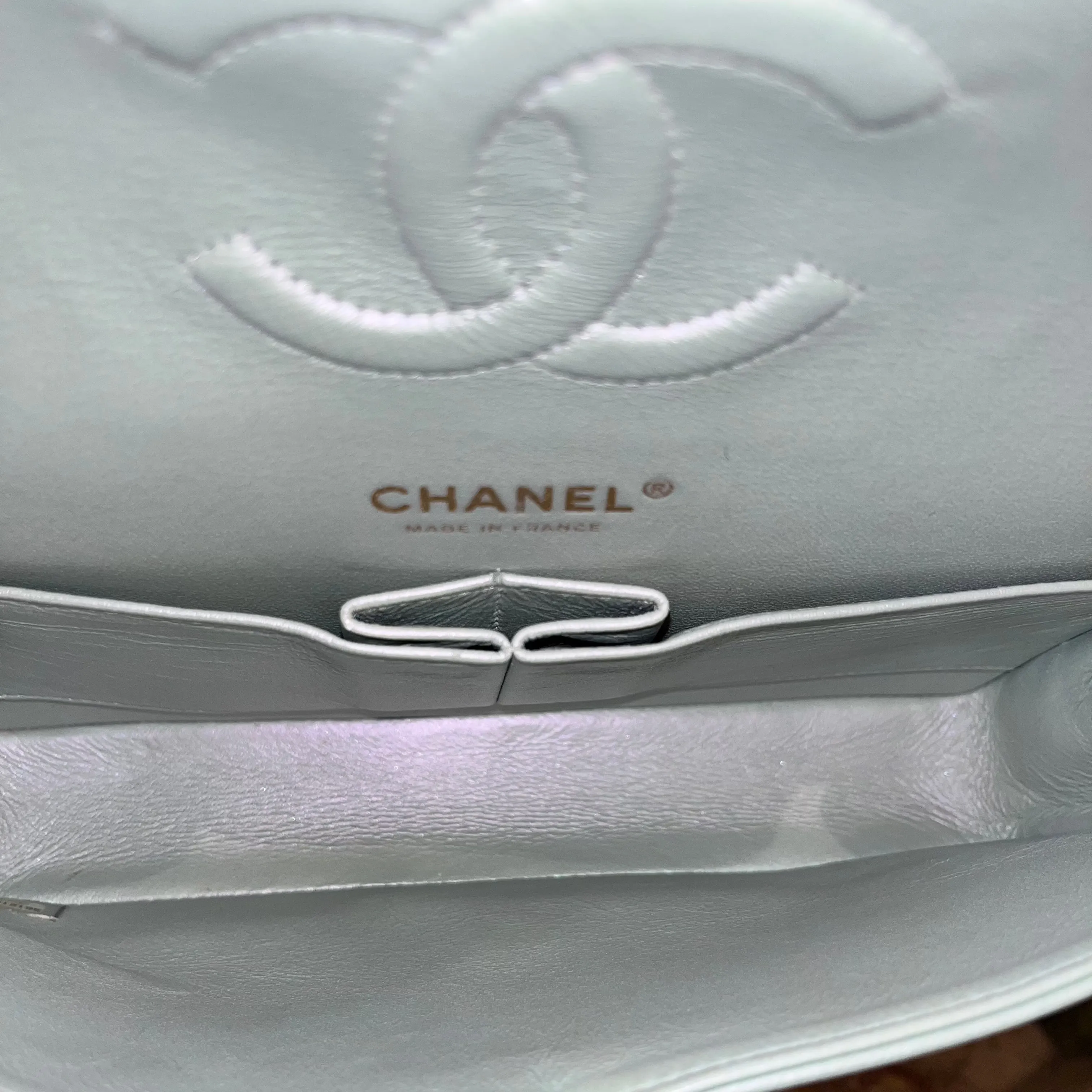 CHANEL Double Flap Medium Light Blue Iridescent Lambskin Leather Shoulder Bag