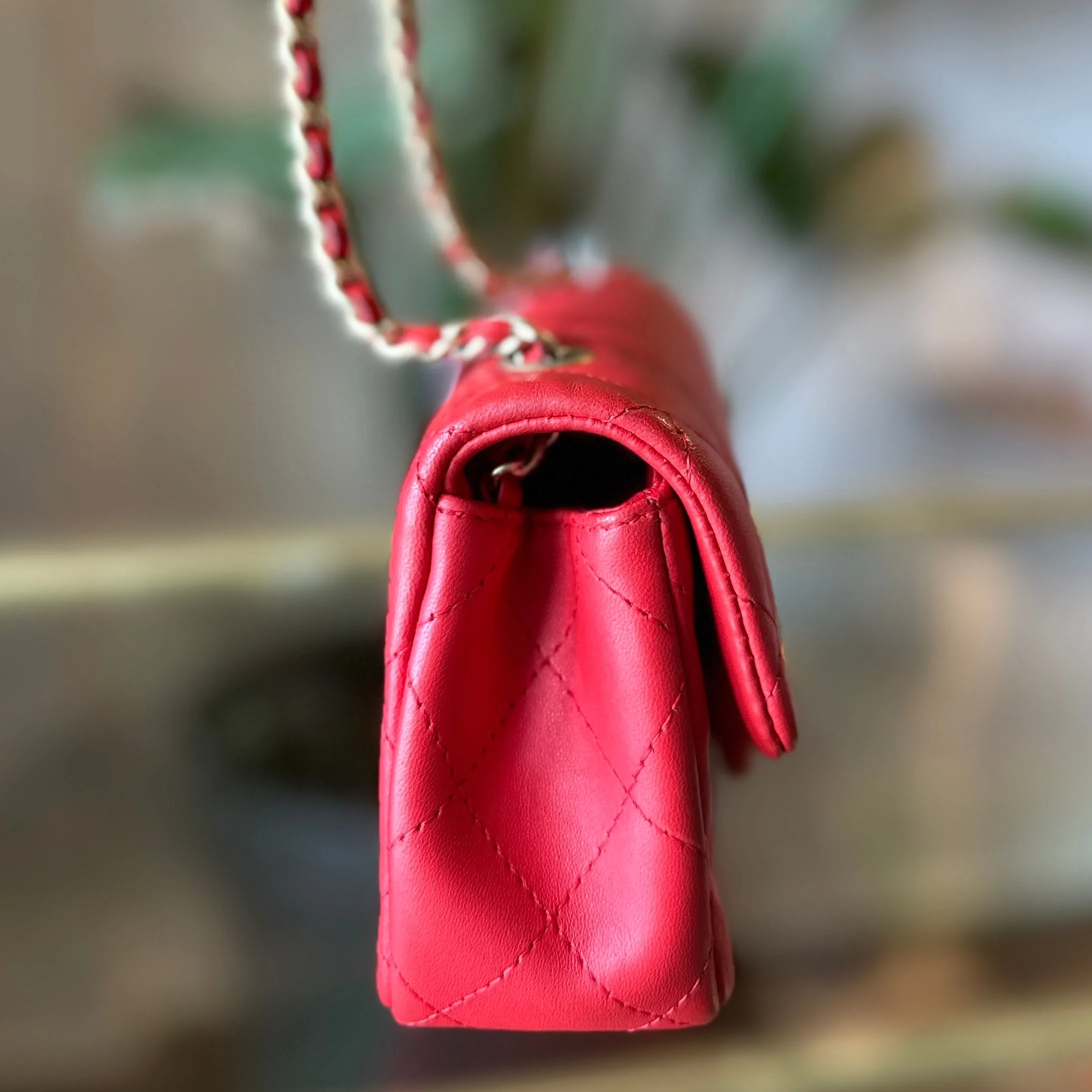 CHANEL Red Lambskin Mini Rectangle Shoulder Bag