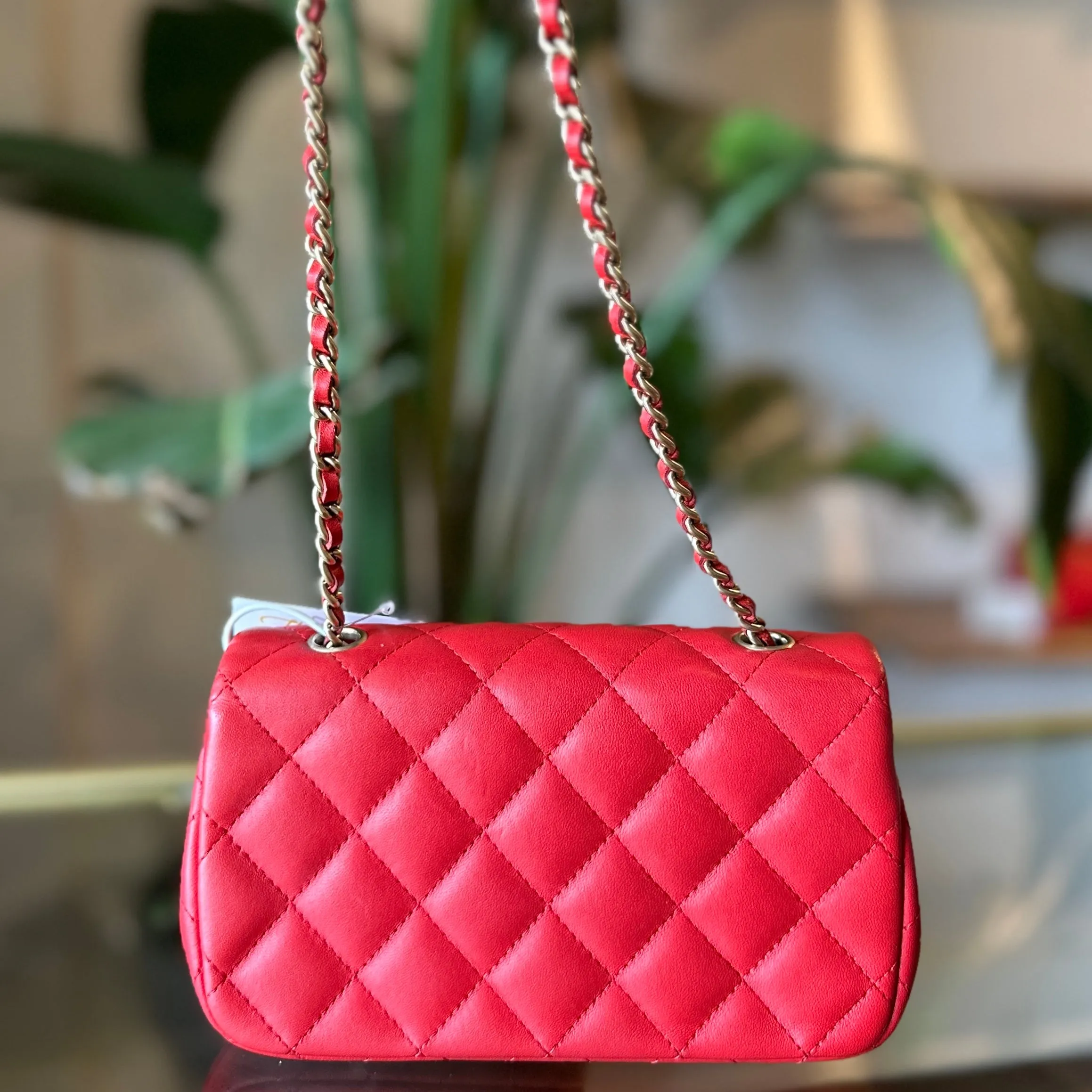 CHANEL Red Lambskin Mini Rectangle Shoulder Bag
