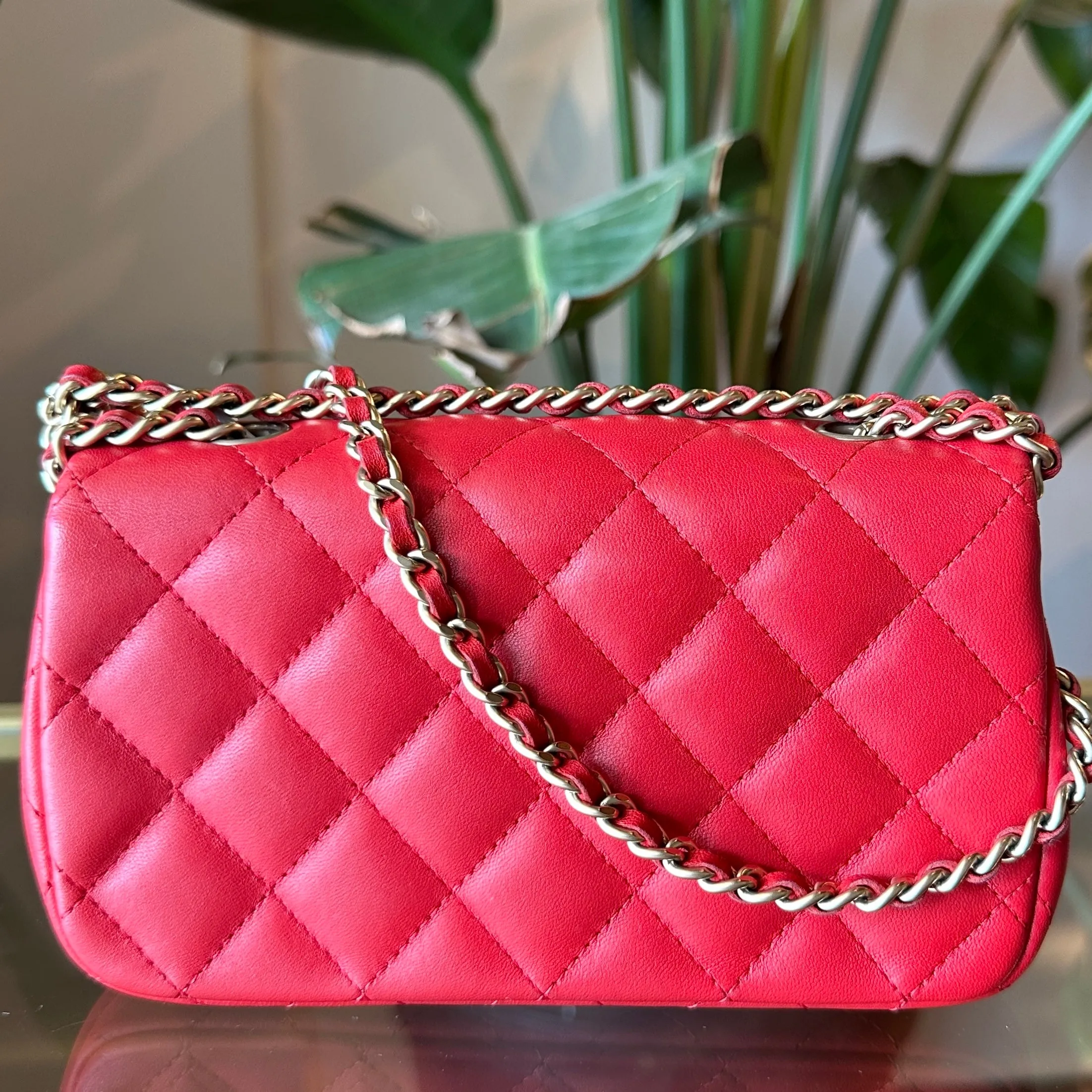 CHANEL Red Lambskin Mini Rectangle Shoulder Bag