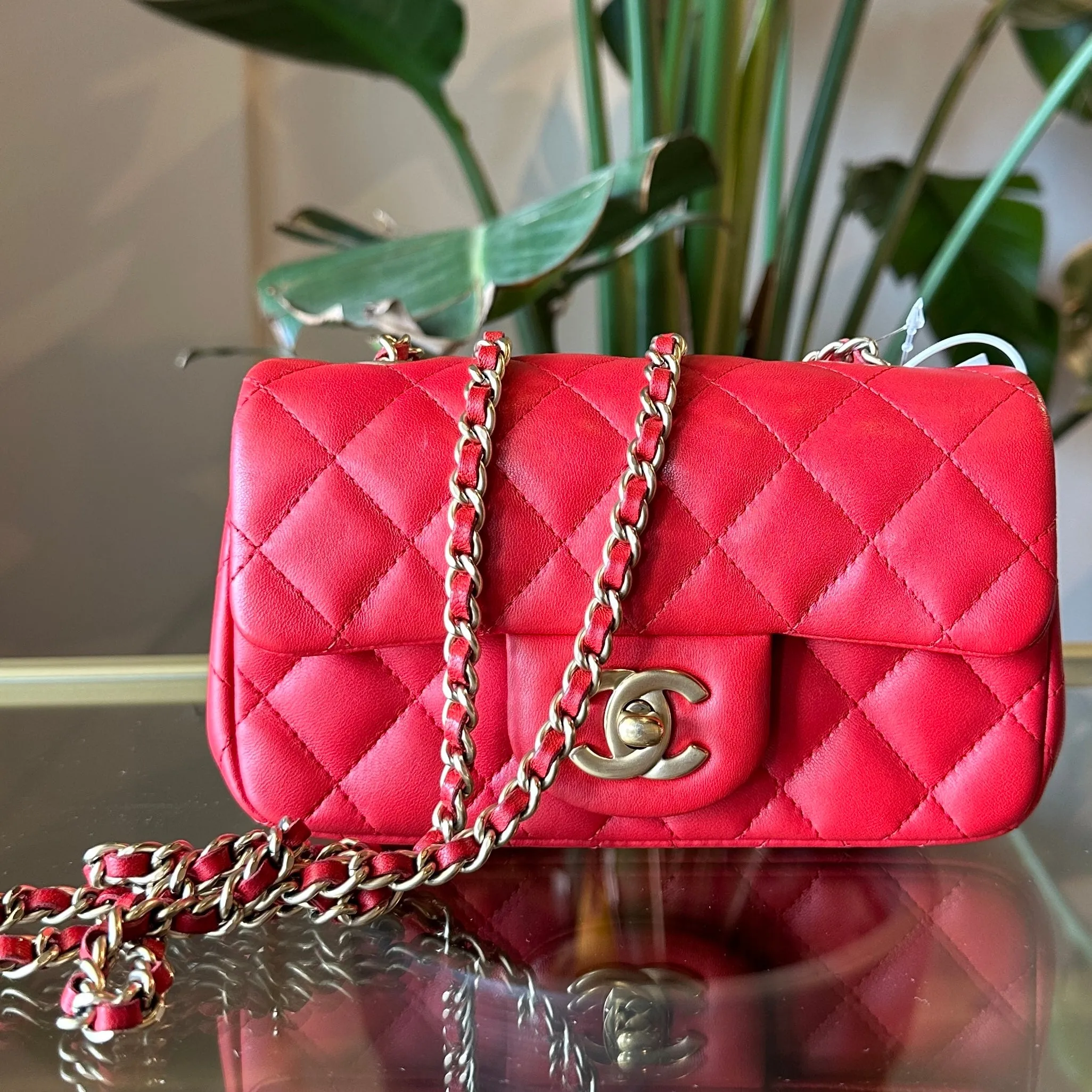 CHANEL Red Lambskin Mini Rectangle Shoulder Bag