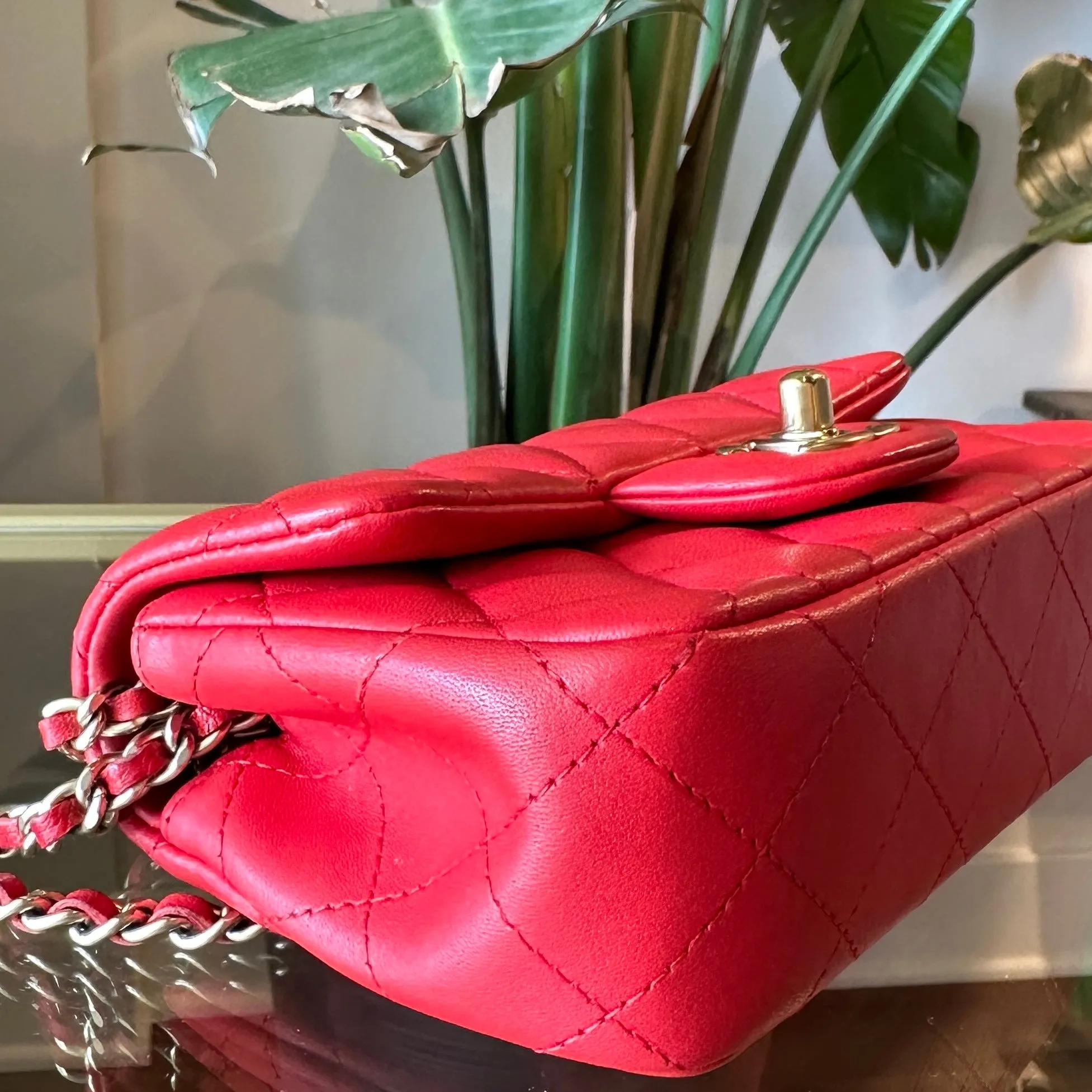 CHANEL Red Lambskin Mini Rectangle Shoulder Bag