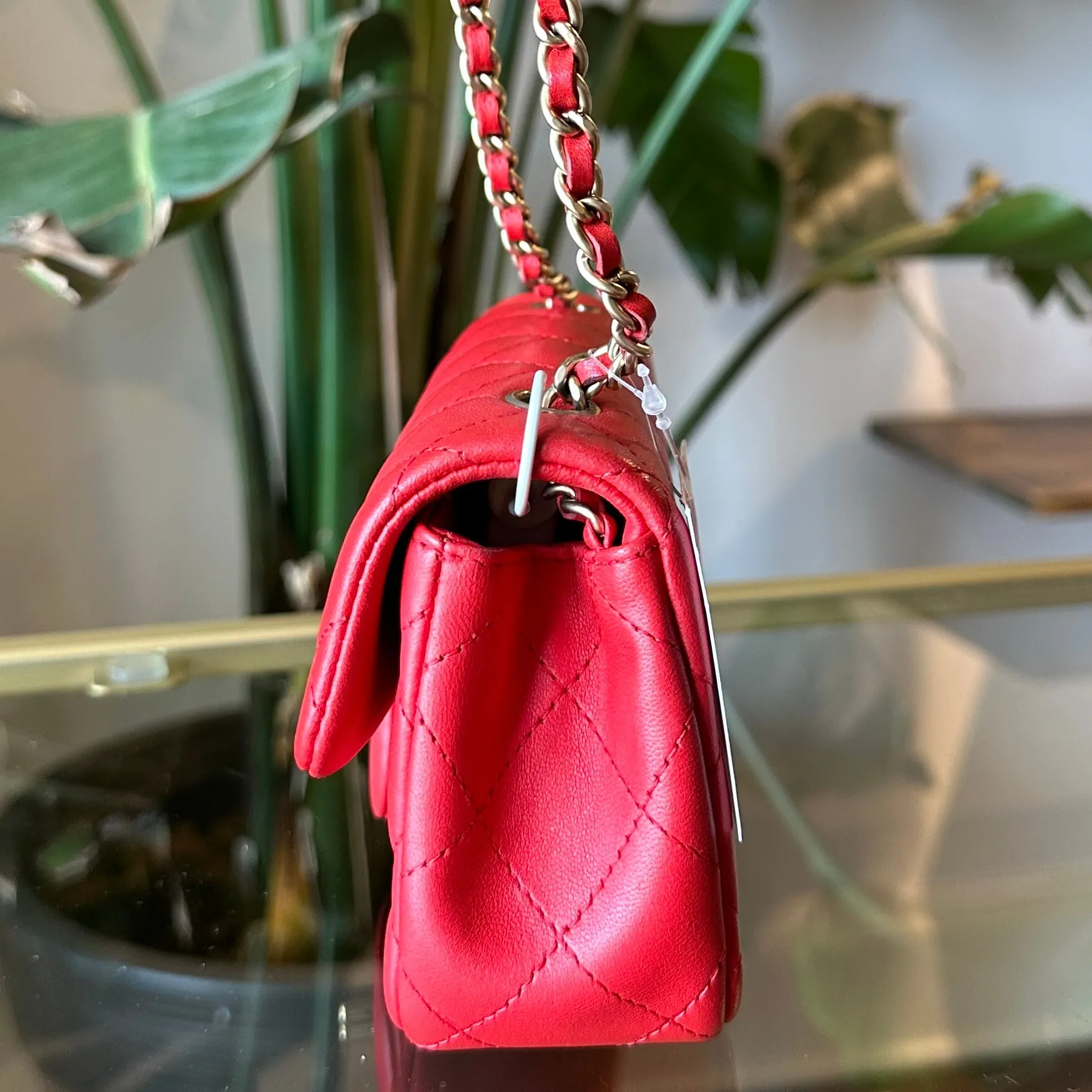 CHANEL Red Lambskin Mini Rectangle Shoulder Bag
