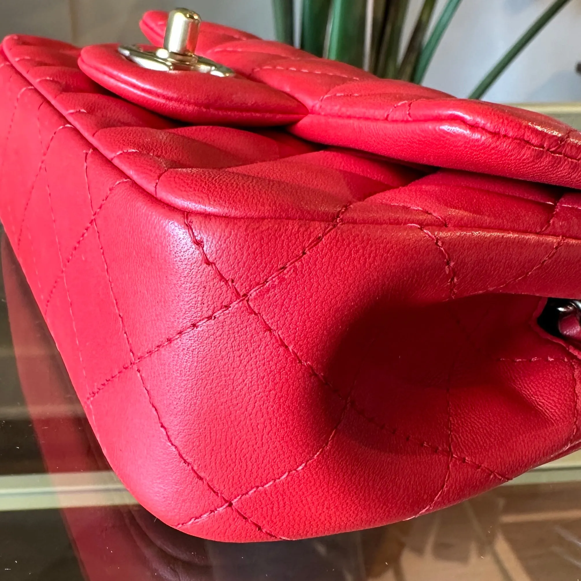 CHANEL Red Lambskin Mini Rectangle Shoulder Bag