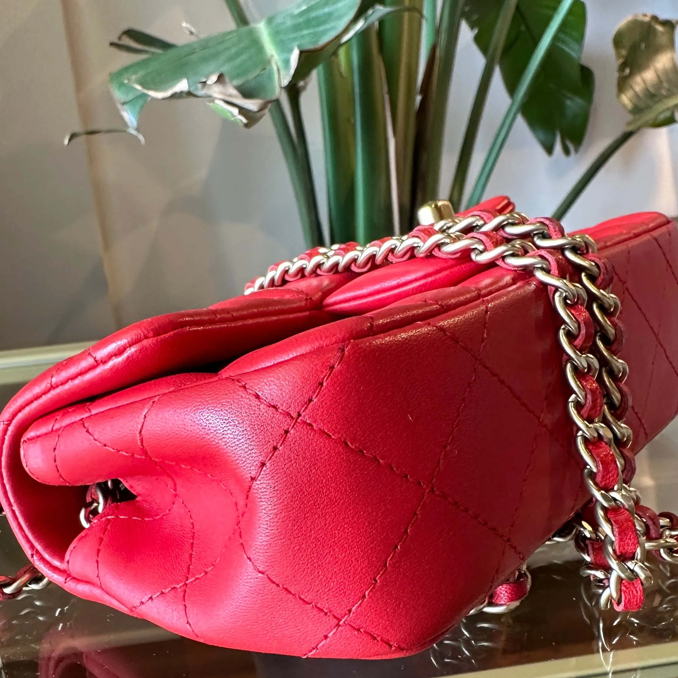 CHANEL Red Lambskin Mini Rectangle Shoulder Bag