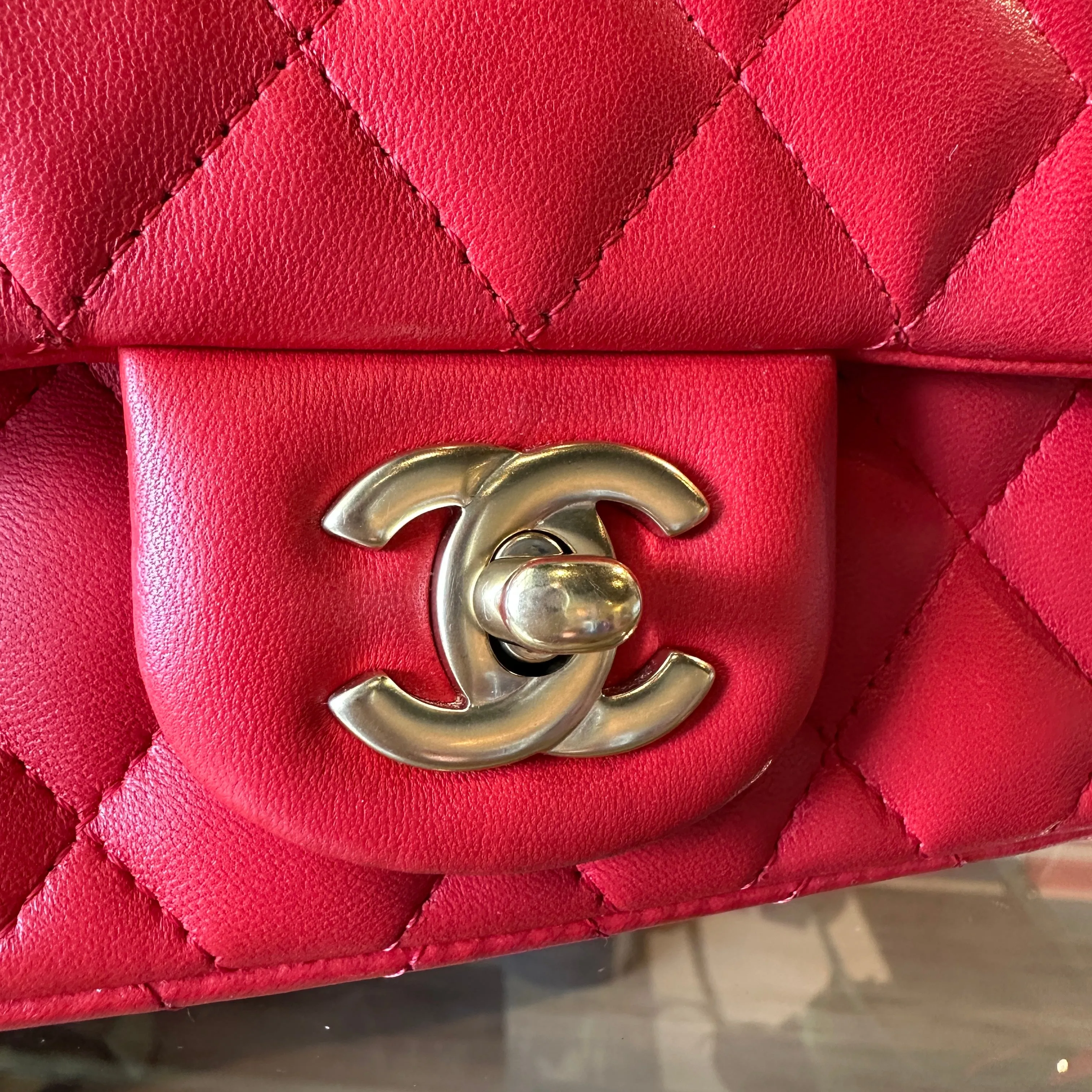 CHANEL Red Lambskin Mini Rectangle Shoulder Bag