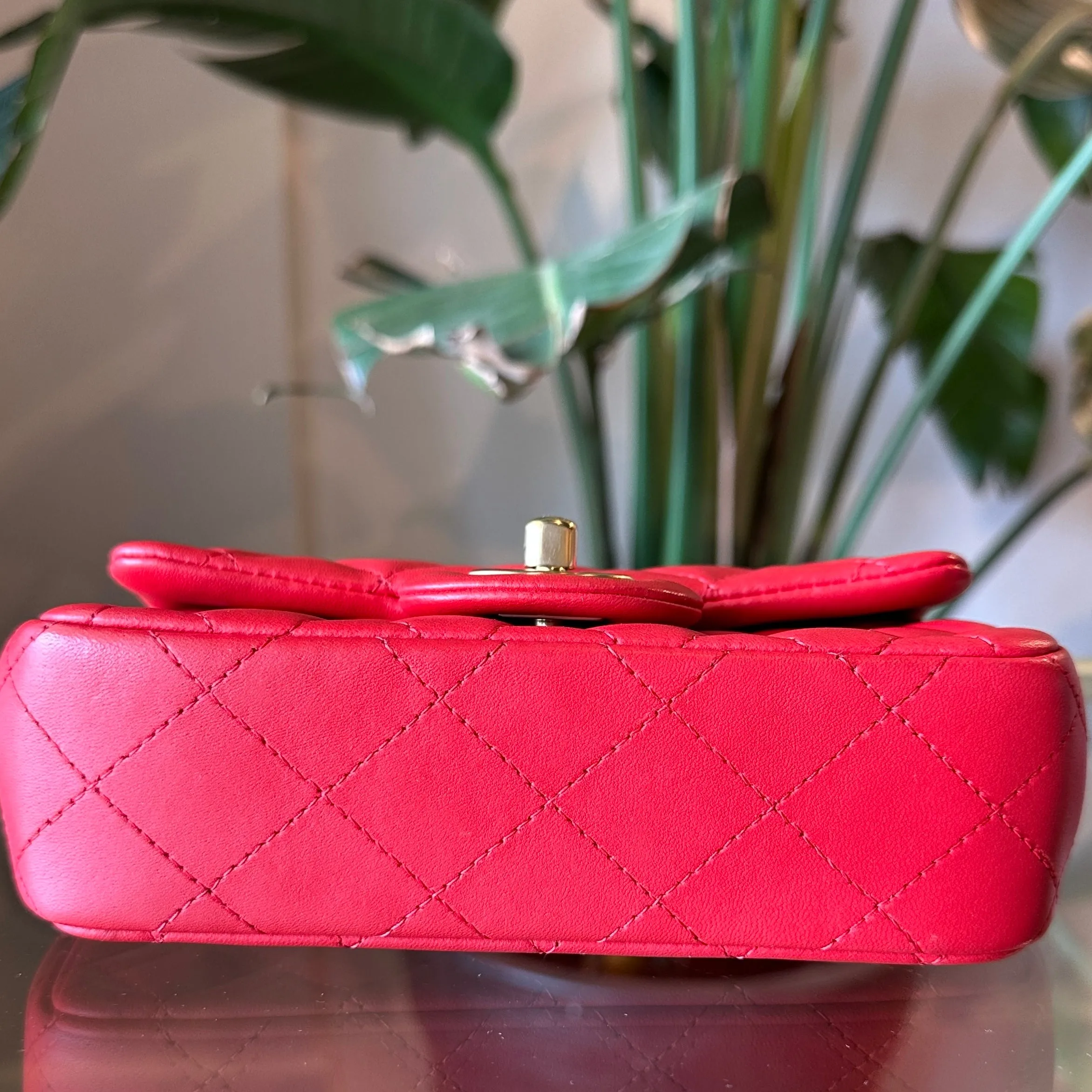 CHANEL Red Lambskin Mini Rectangle Shoulder Bag