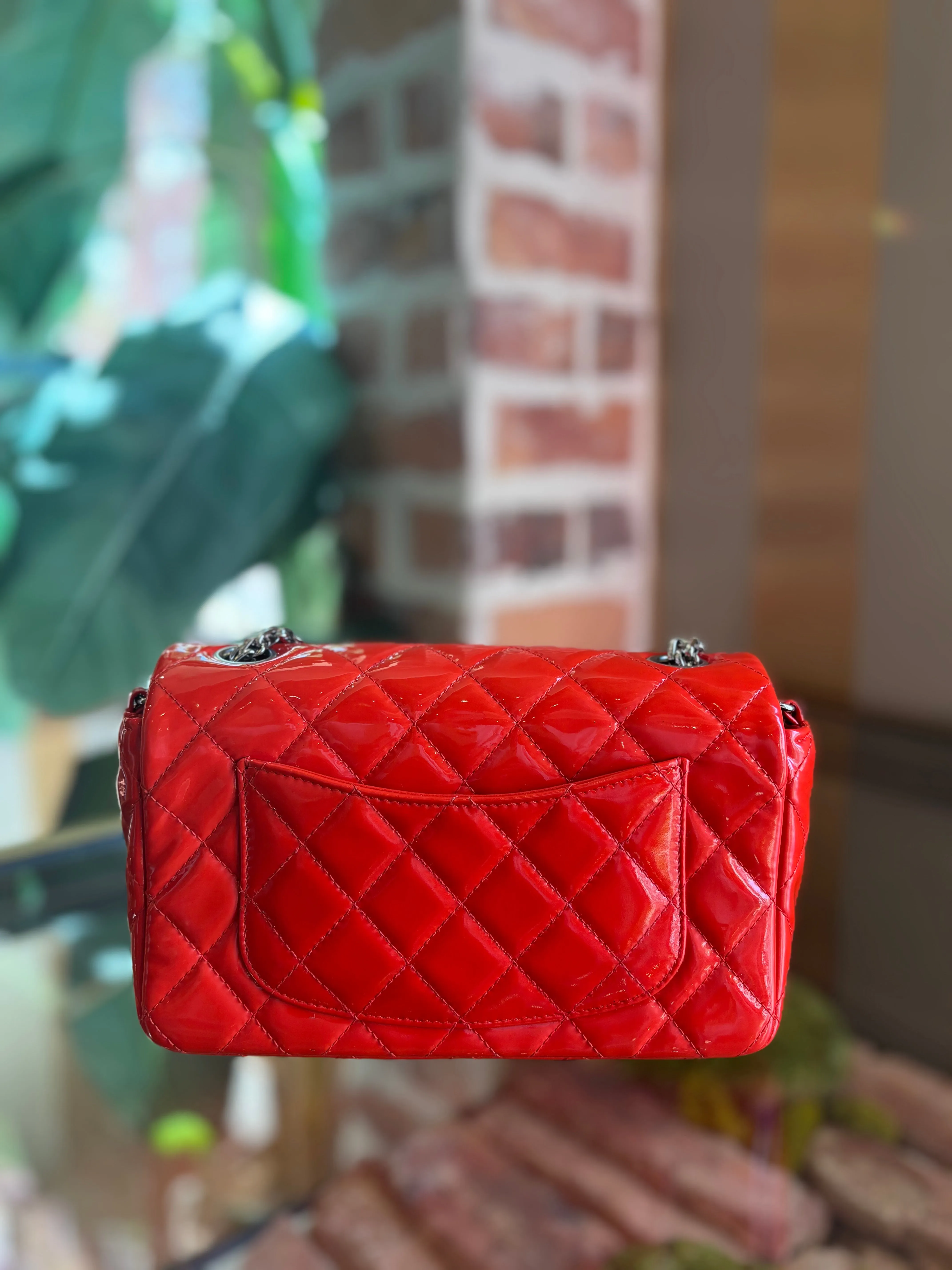 CHANEL Red Patent Leather Mini Rectangle Flap Bag ADI1167