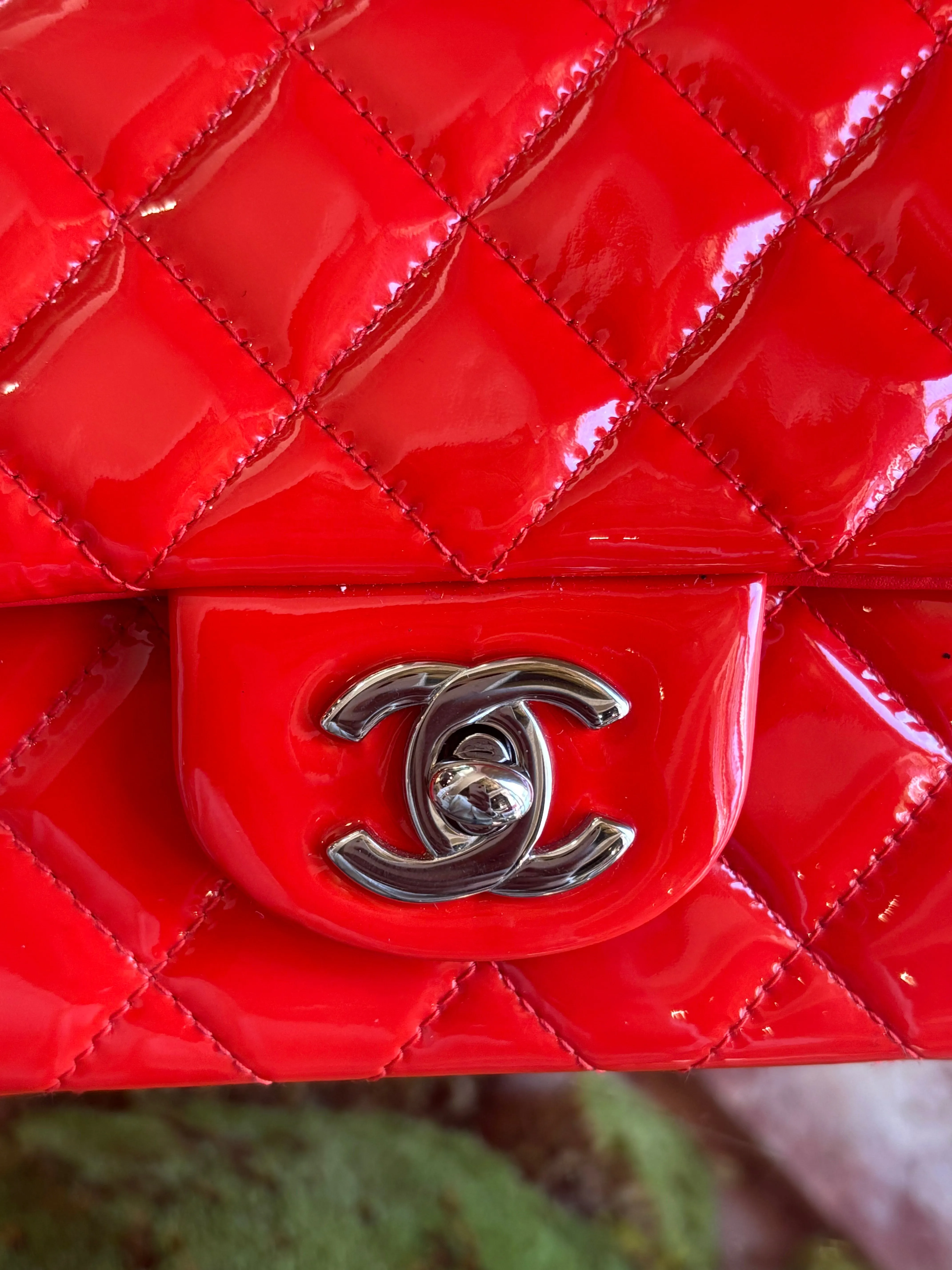 CHANEL Red Patent Leather Mini Rectangle Flap Bag ADI1167