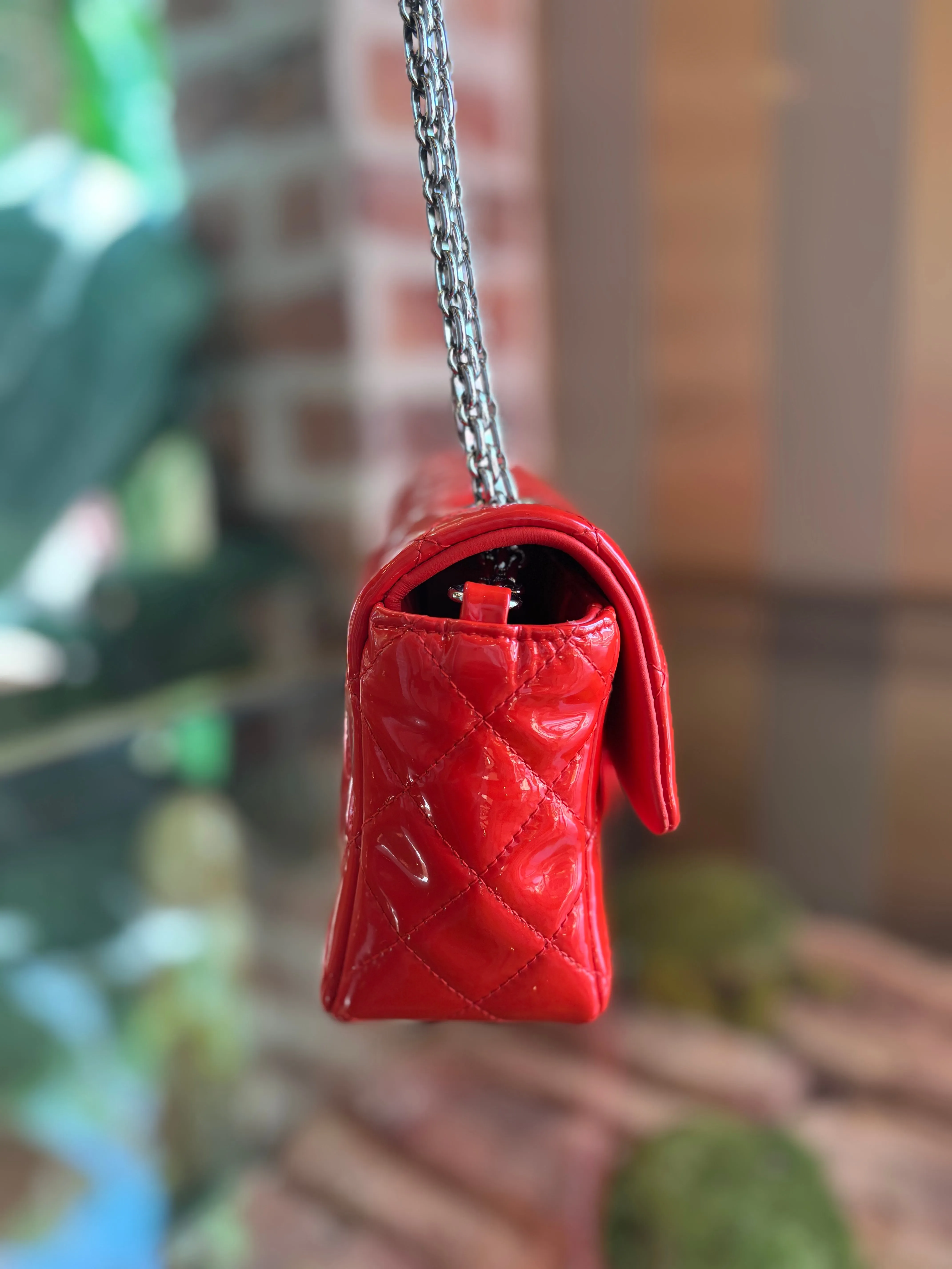 CHANEL Red Patent Leather Mini Rectangle Flap Bag ADI1167