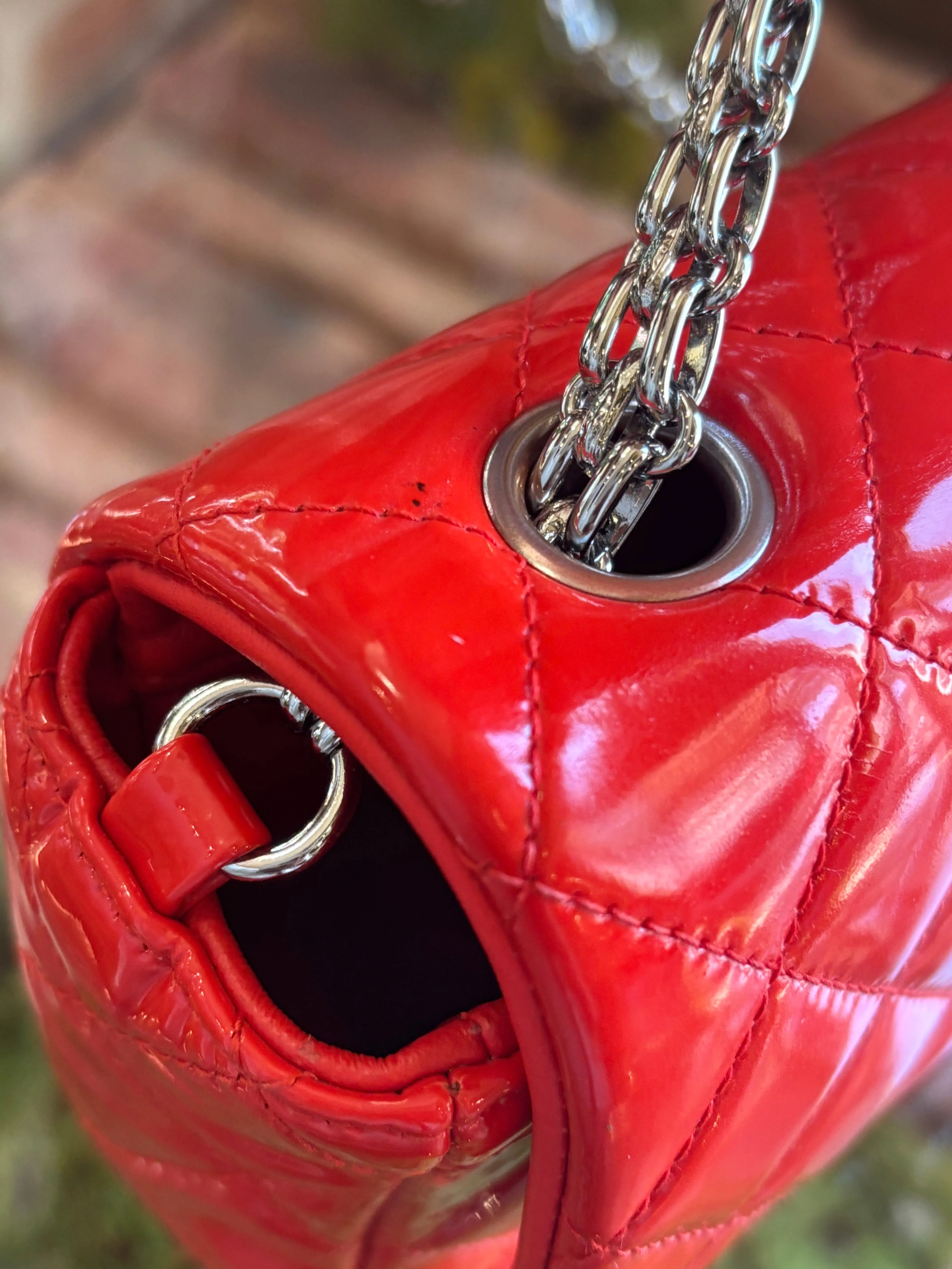 CHANEL Red Patent Leather Mini Rectangle Flap Bag ADI1167