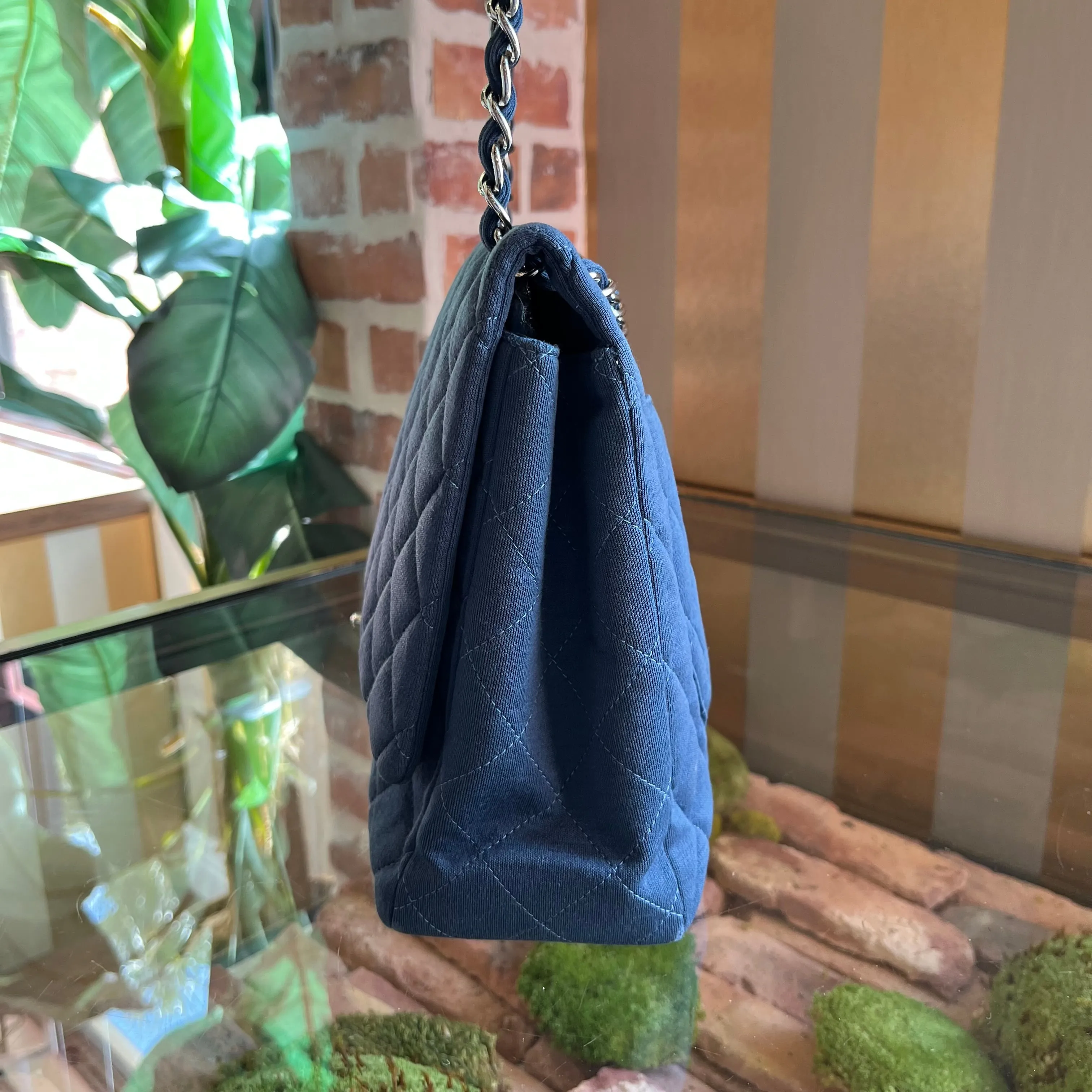 CHANEL Single Flap Jumbo Blue Jersey Shoulder Bag TS3774