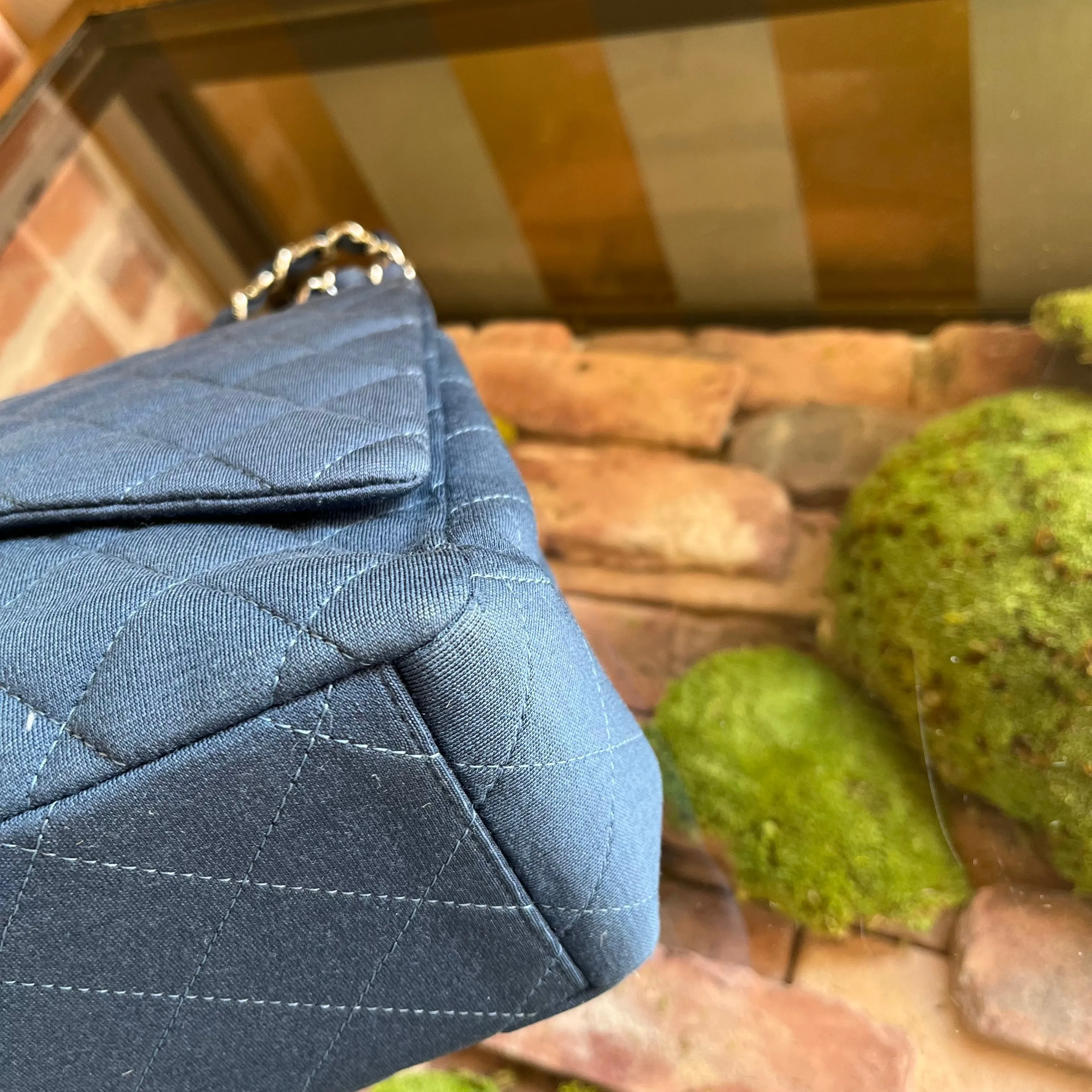 CHANEL Single Flap Jumbo Blue Jersey Shoulder Bag TS3774