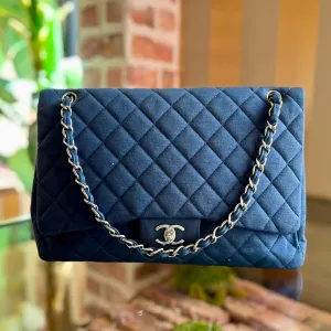 CHANEL Single Flap Jumbo Blue Jersey Shoulder Bag TS3774