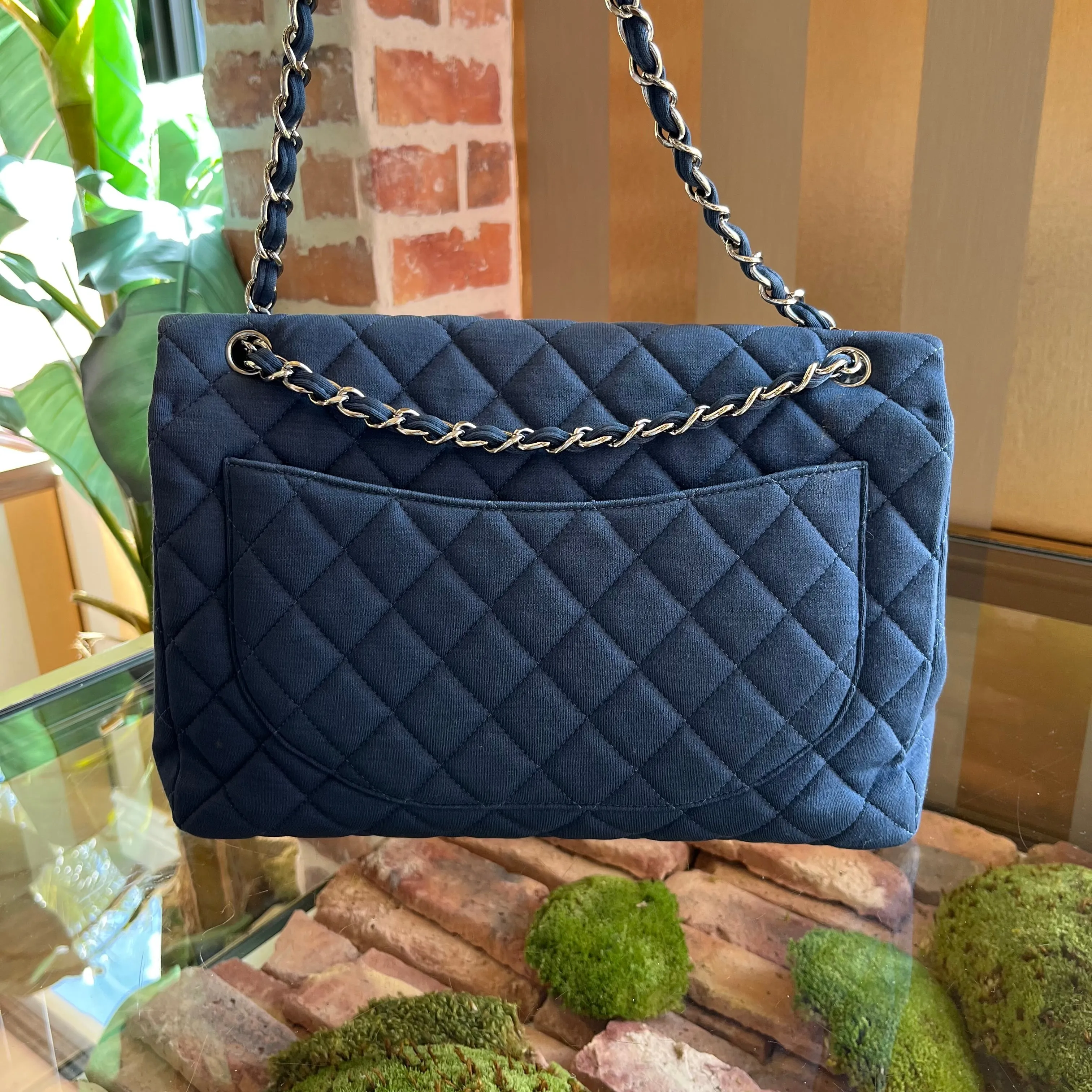 CHANEL Single Flap Jumbo Blue Jersey Shoulder Bag TS3774