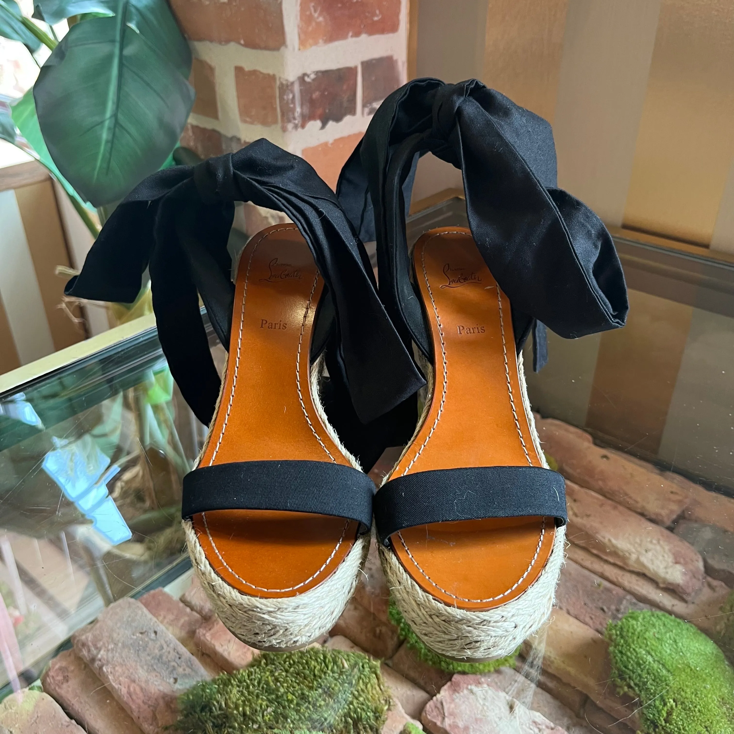 CHRISTIAN LOUBOUTIN Black Tie Espadrille Wedges SZ 40