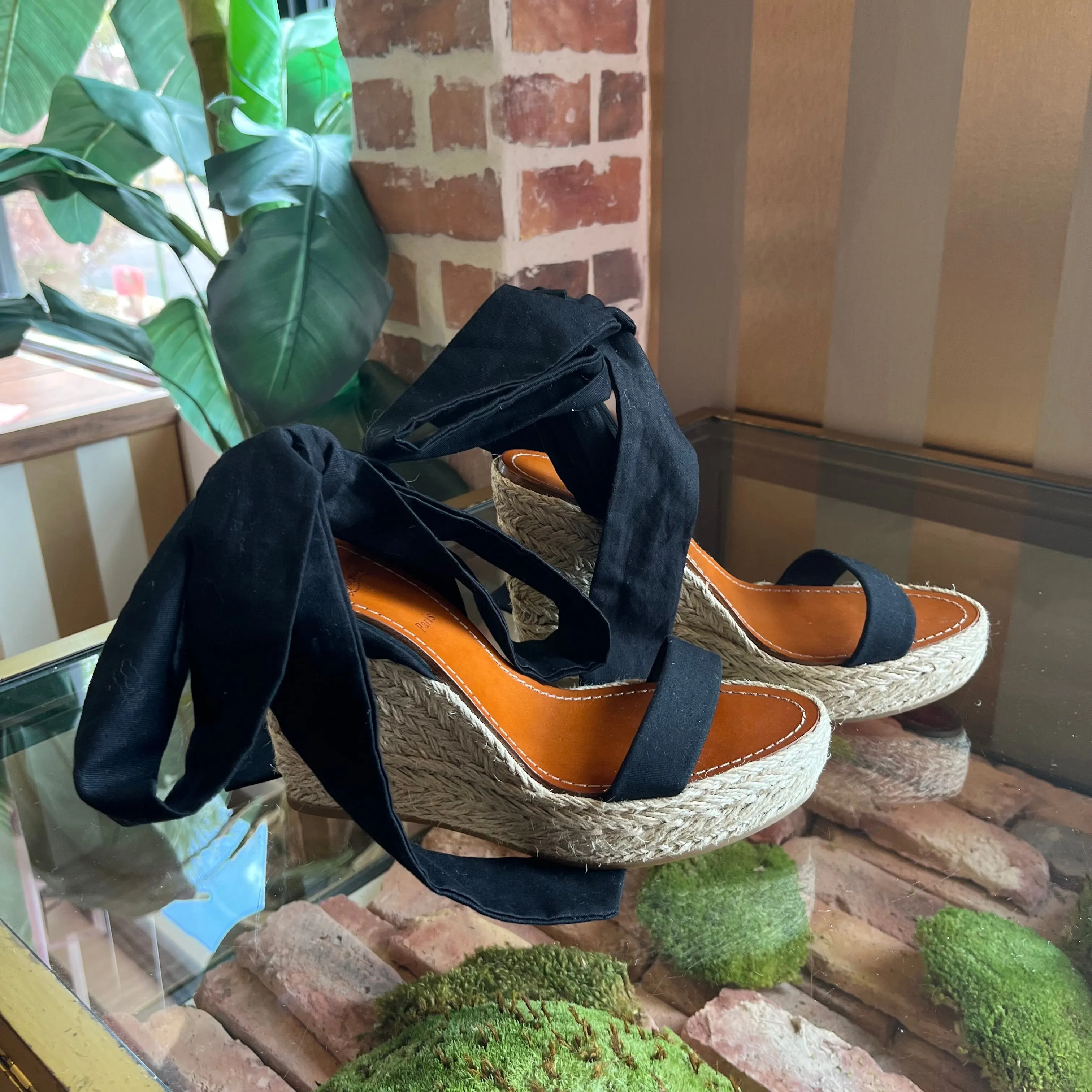 CHRISTIAN LOUBOUTIN Black Tie Espadrille Wedges SZ 40