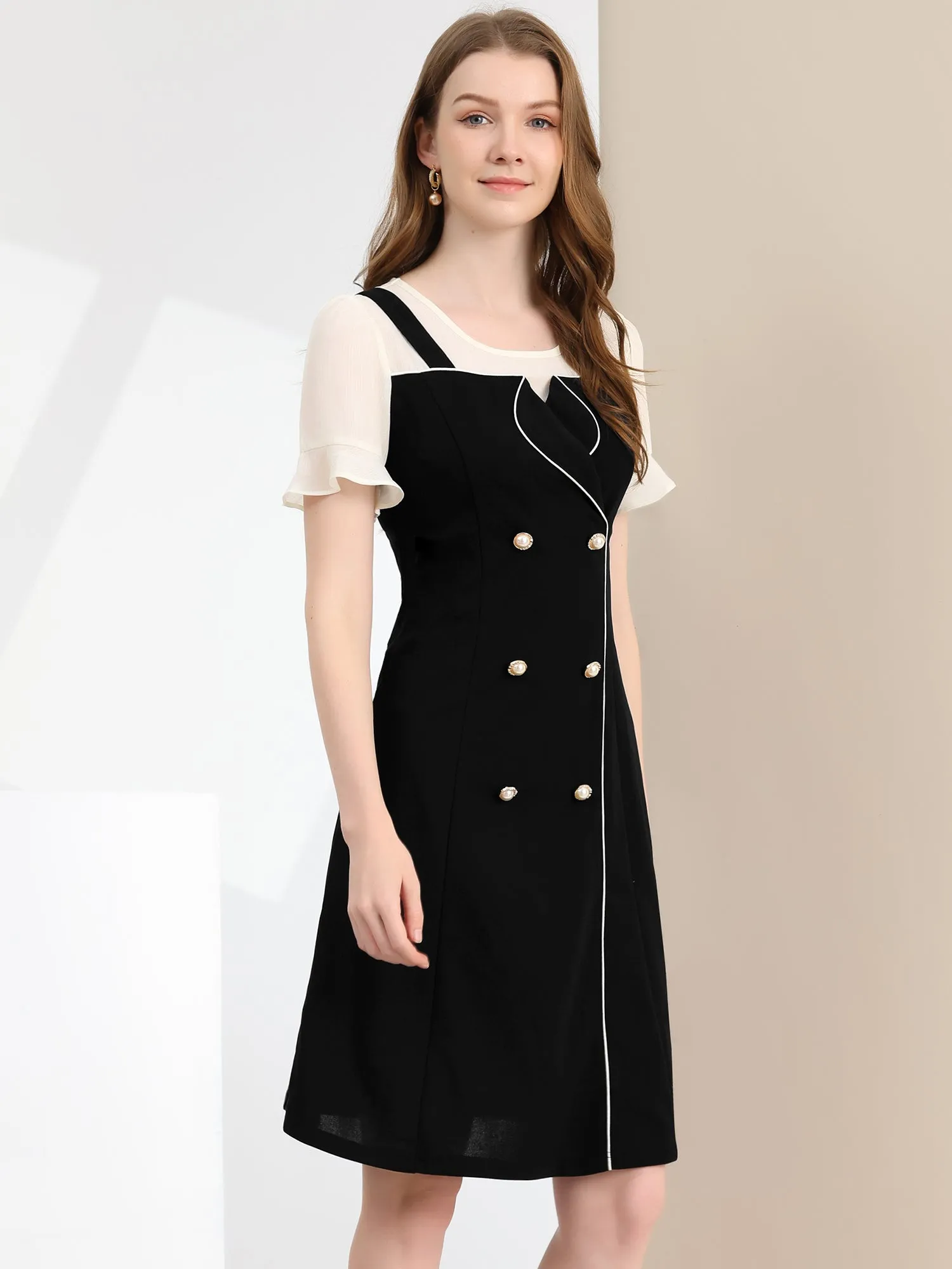 Contrast Button Decor Short Sleeve Chiffon Summer Dress