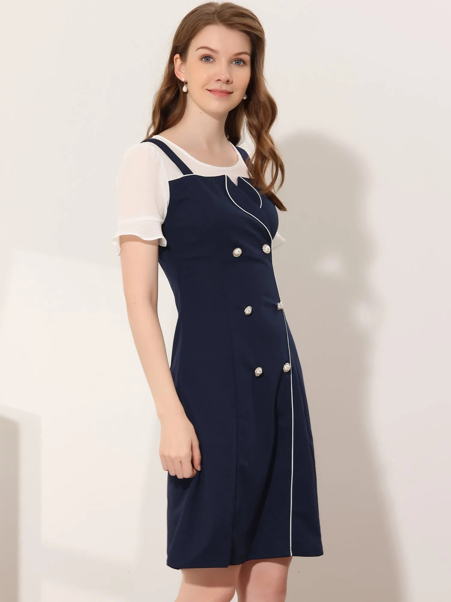 Contrast Button Decor Short Sleeve Chiffon Summer Dress