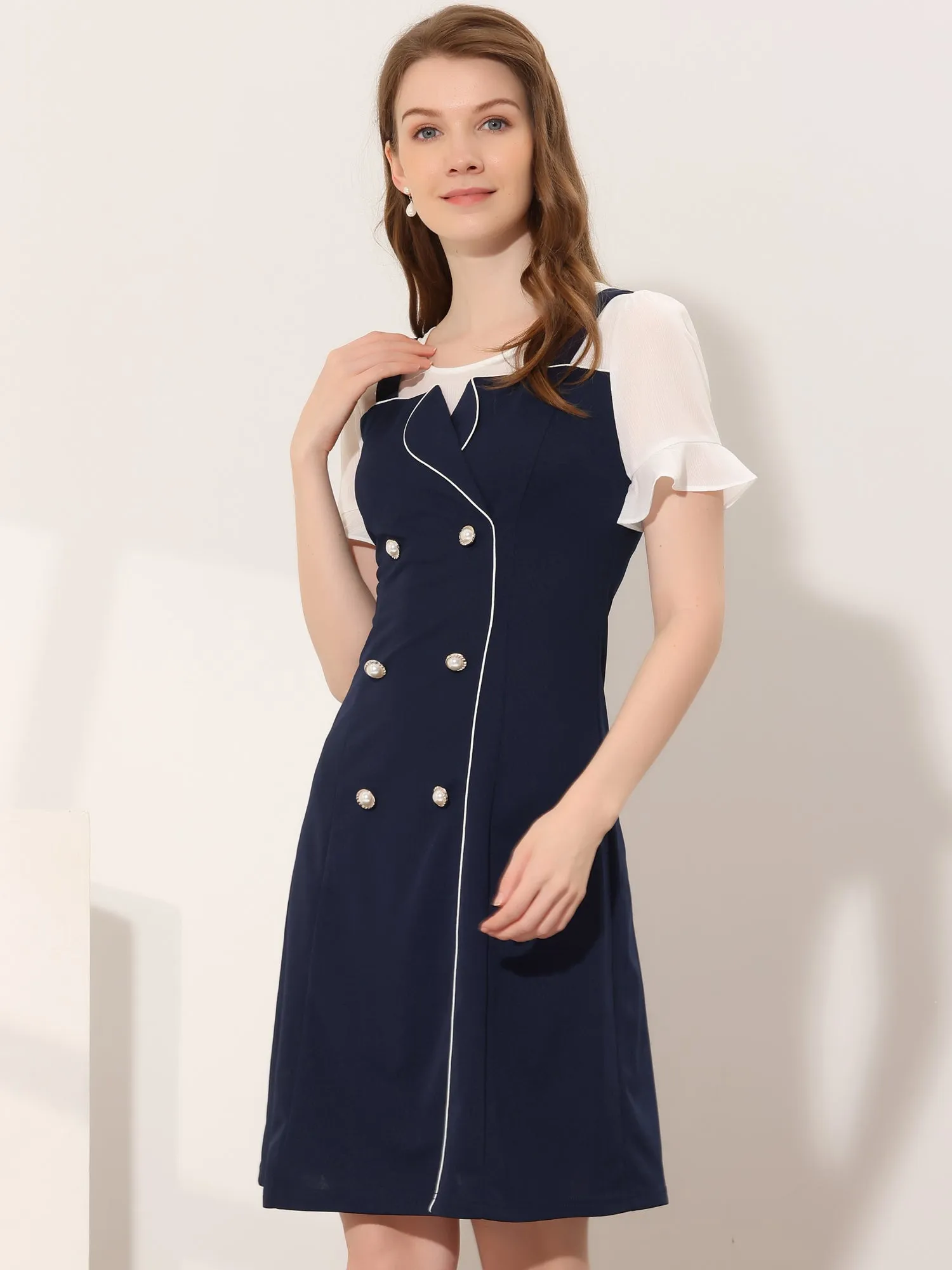 Contrast Button Decor Short Sleeve Chiffon Summer Dress