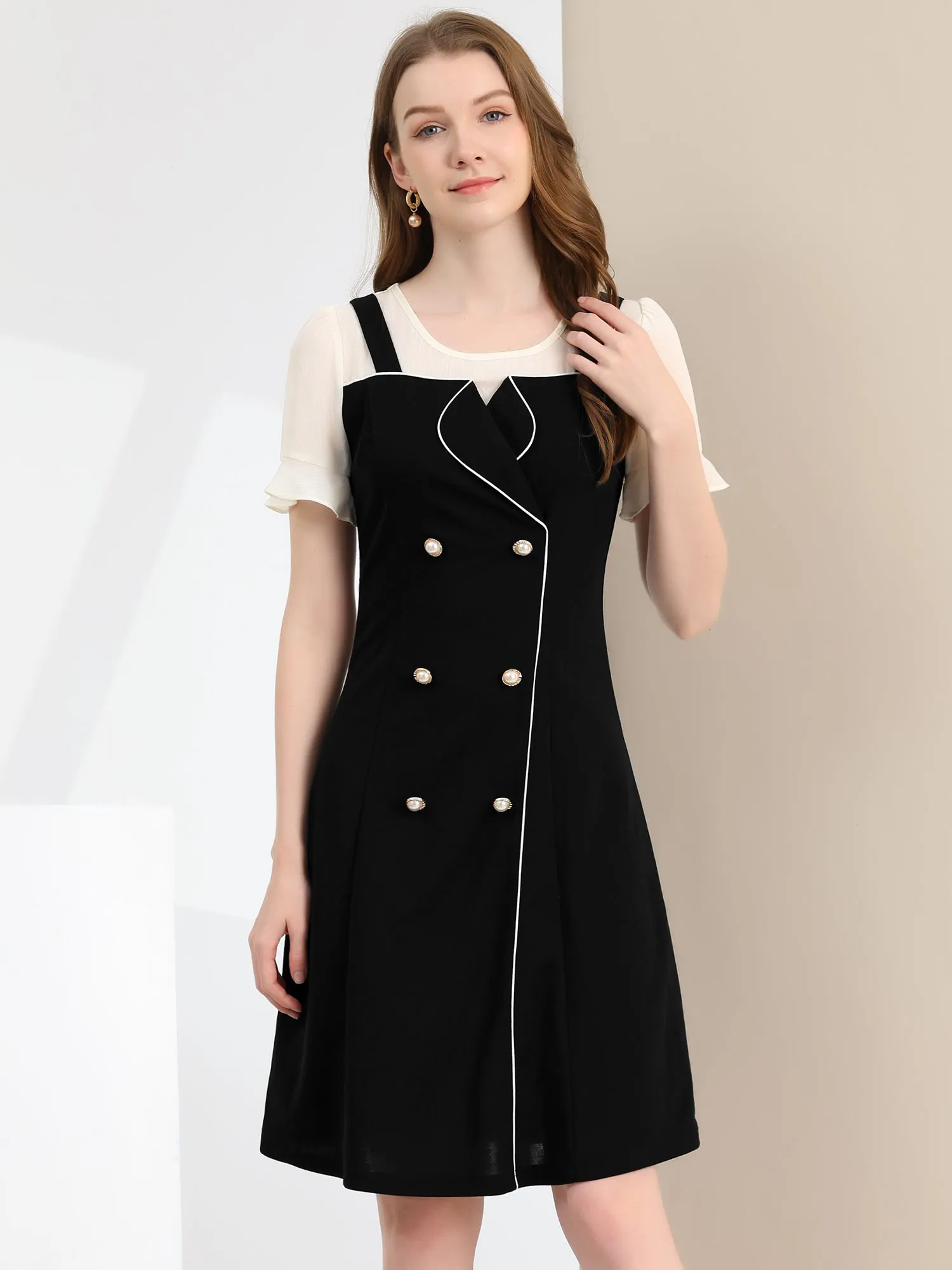 Contrast Button Decor Short Sleeve Chiffon Summer Dress