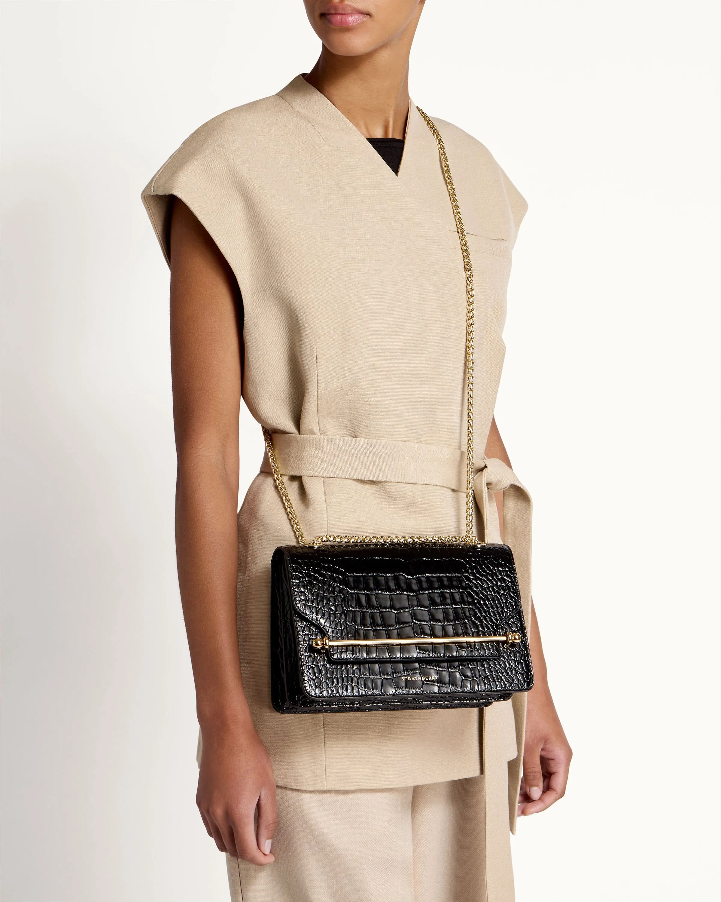 East/West - Croc-Embossed Leather Black