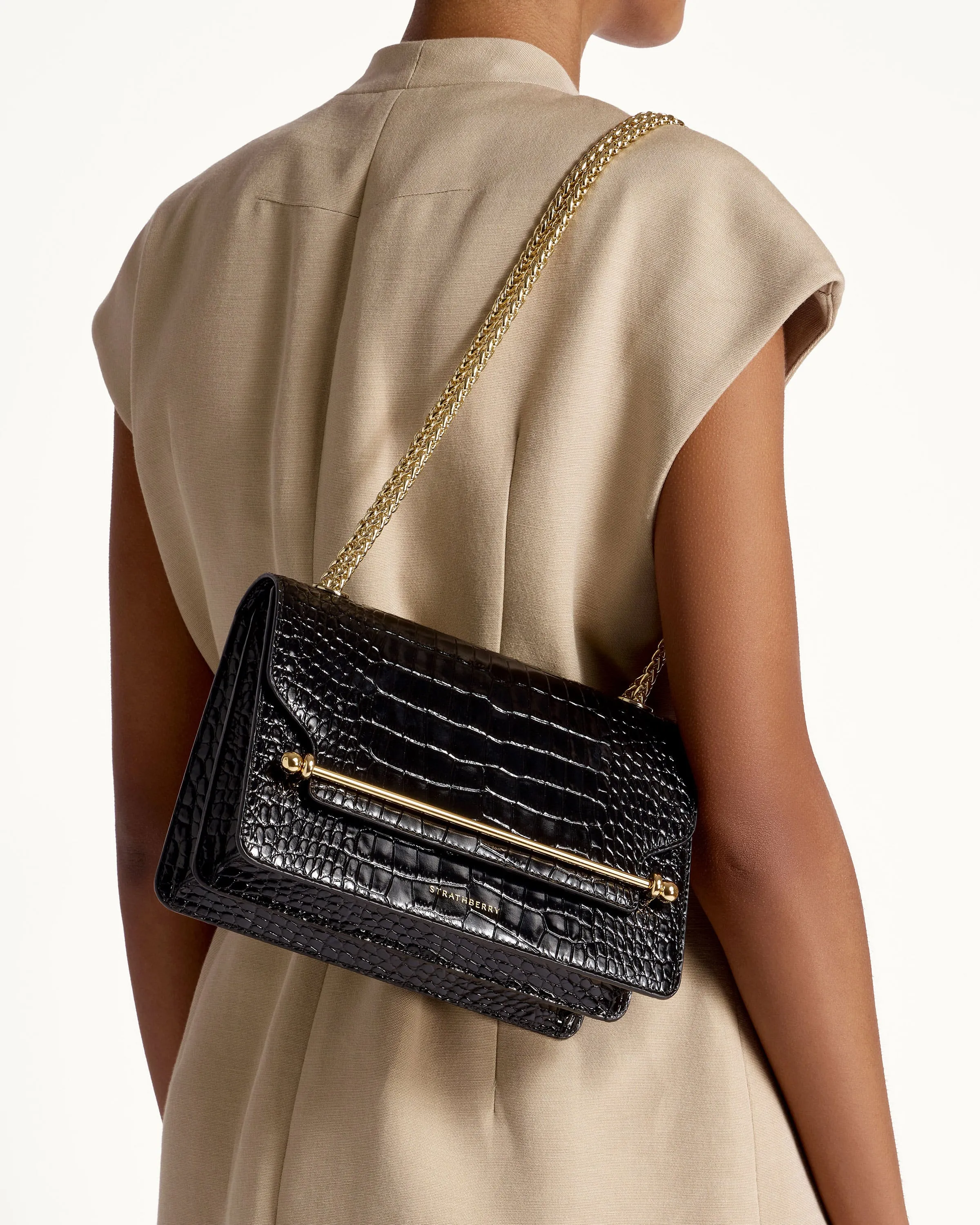 East/West - Croc-Embossed Leather Black